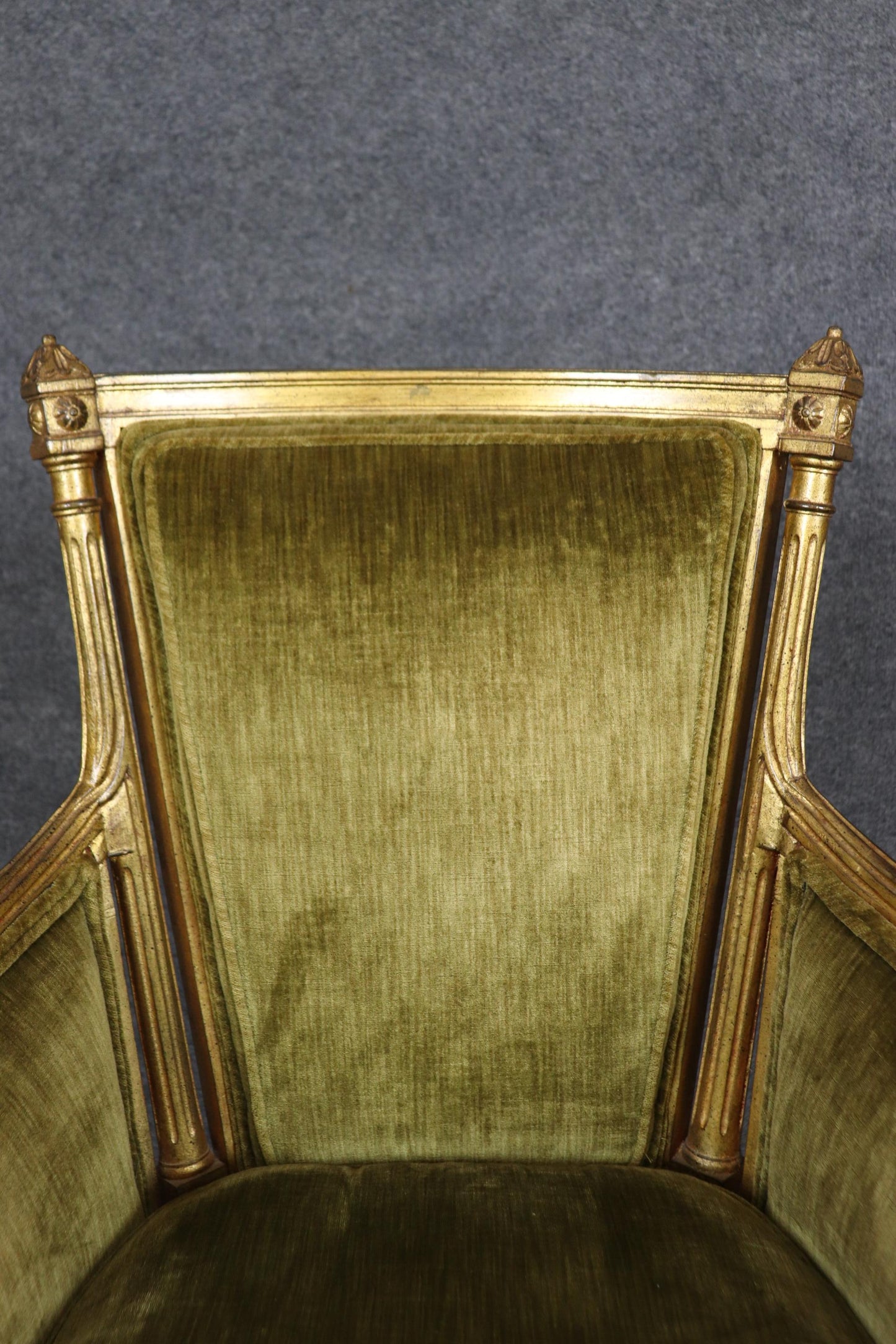 Pair of Smaller French Gilded Carved Directoire Bergere Chairs in Green Velvet