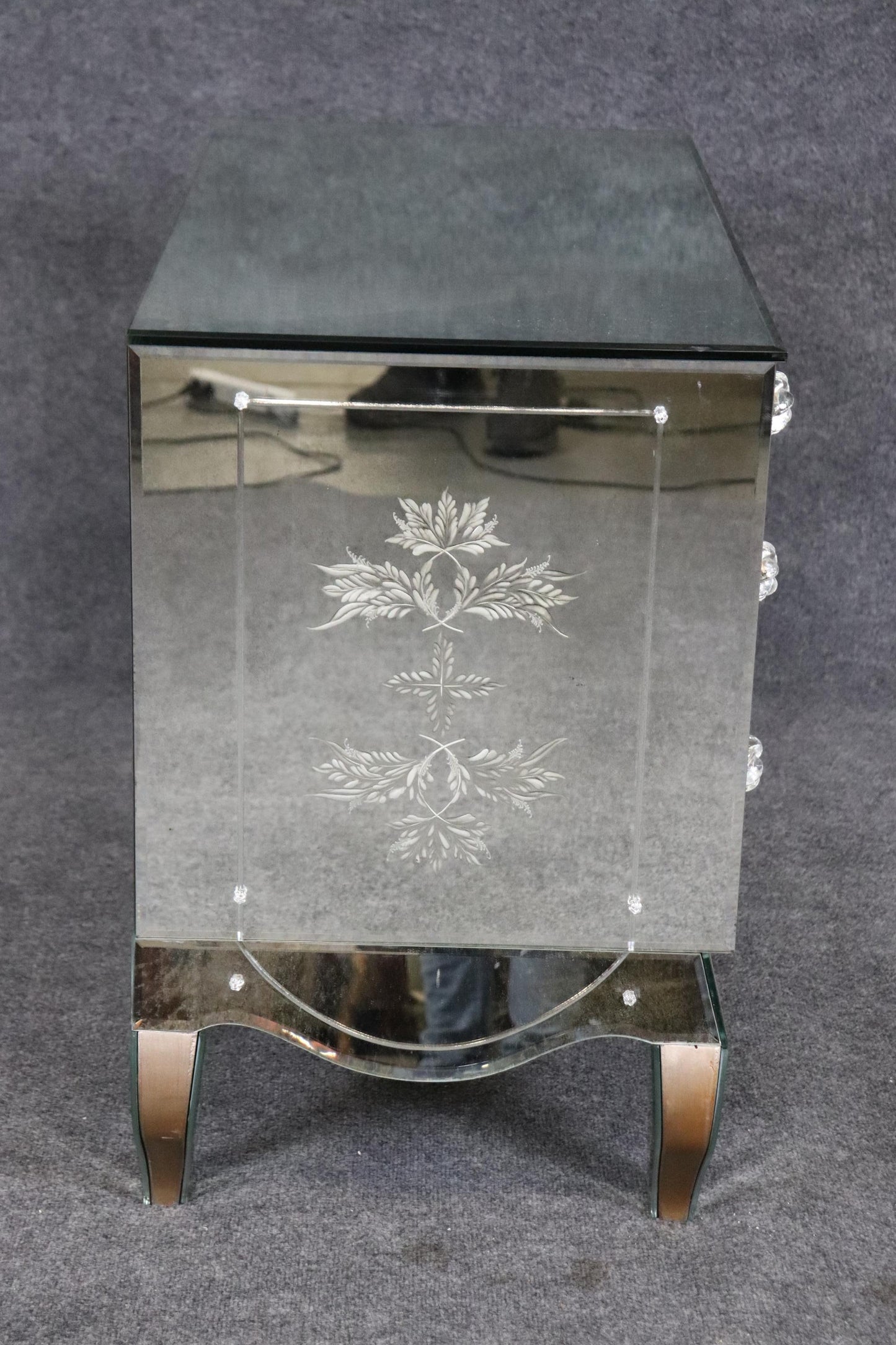 Pair of Floral Etched Glass Italian Louis XV Style Mirrored Commodes Circa 1950s