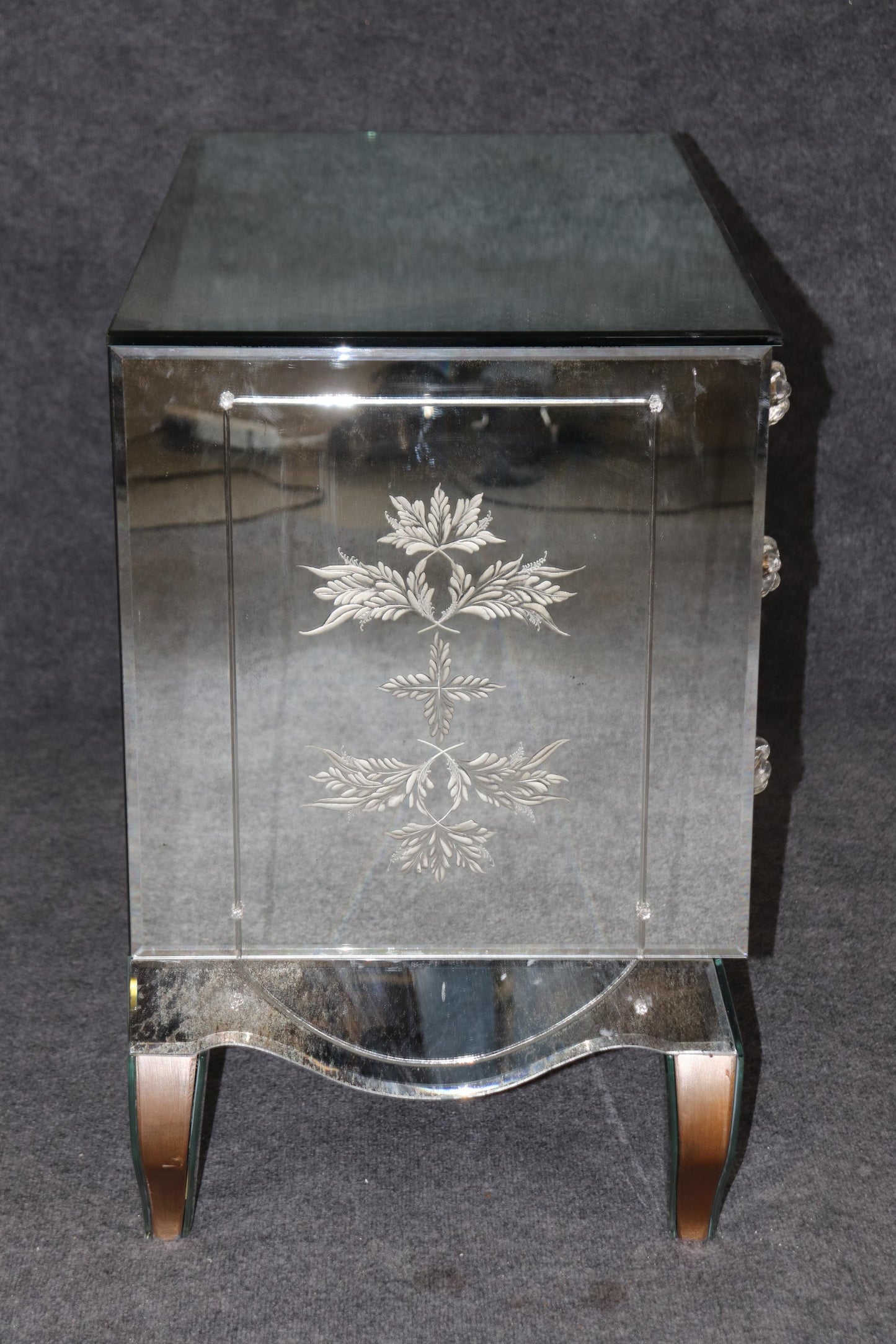 Pair of Floral Etched Glass Italian Louis XV Style Mirrored Commodes Circa 1950s