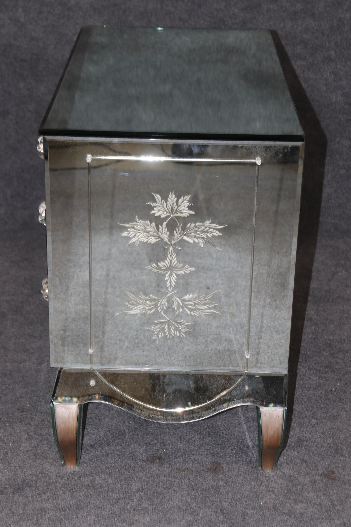 Pair of Floral Etched Glass Italian Louis XV Style Mirrored Commodes Circa 1950s