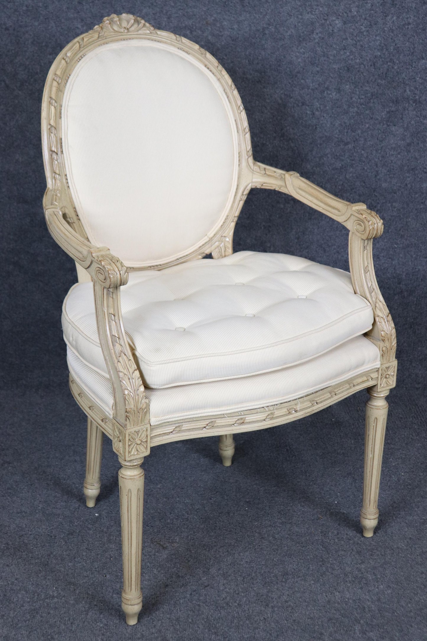 Fantastic Pair Distressed Creme Painted Hand-Carved French Louis XVI Armchairs