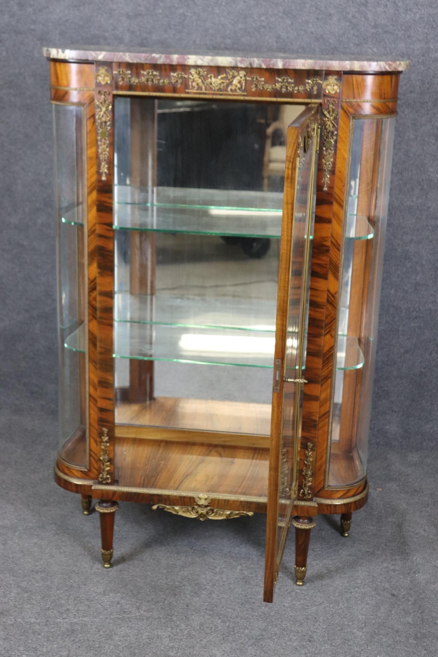 Gorgeous French Marble Top Gilt Bronze Satyr and Cherubs Figural Walnut Vitrine