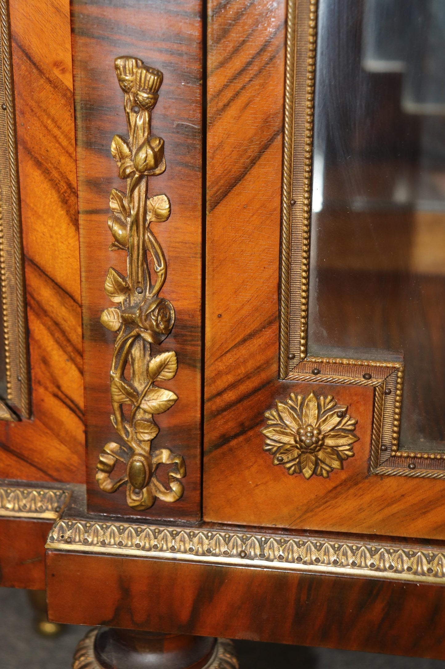 Gorgeous French Marble Top Gilt Bronze Satyr and Cherubs Figural Walnut Vitrine