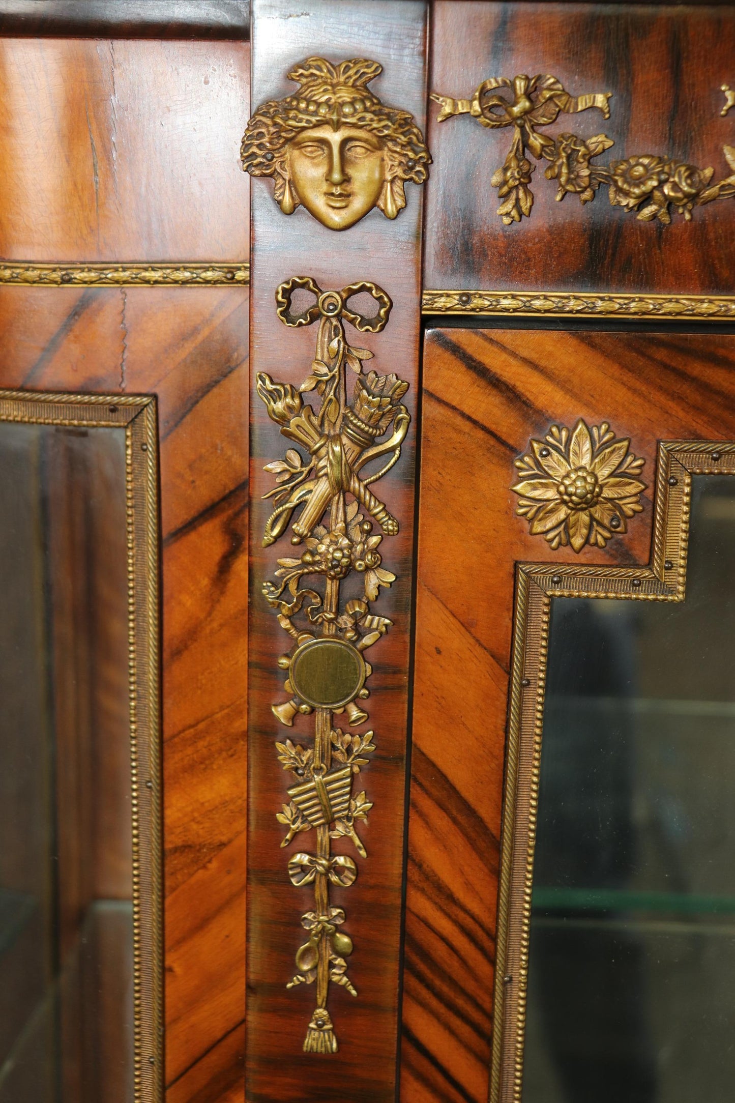 Gorgeous French Marble Top Gilt Bronze Satyr and Cherubs Figural Walnut Vitrine