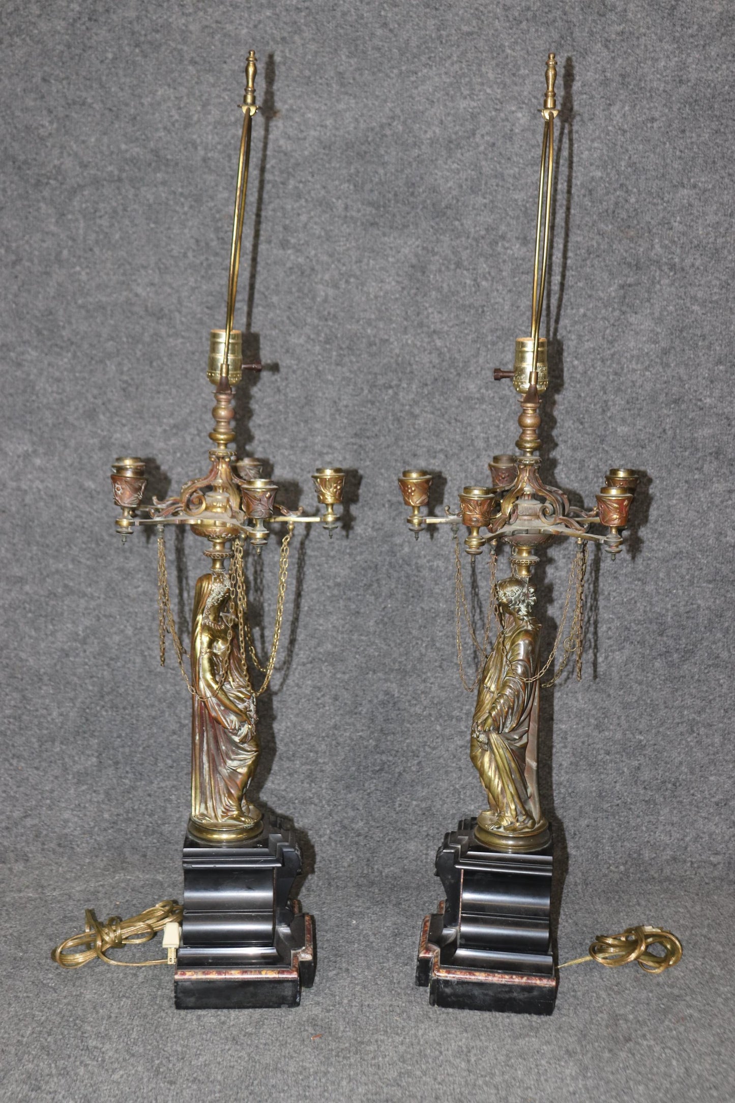 Pair of Superb Bronze and Marble Figural Maiden Form French Table Lamps