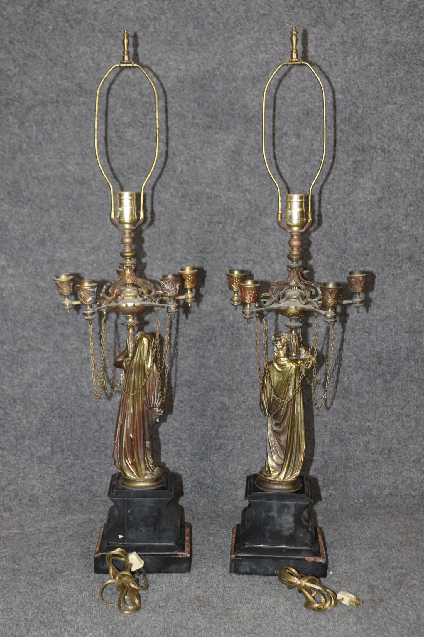 Pair of Superb Bronze and Marble Figural Maiden Form French Table Lamps