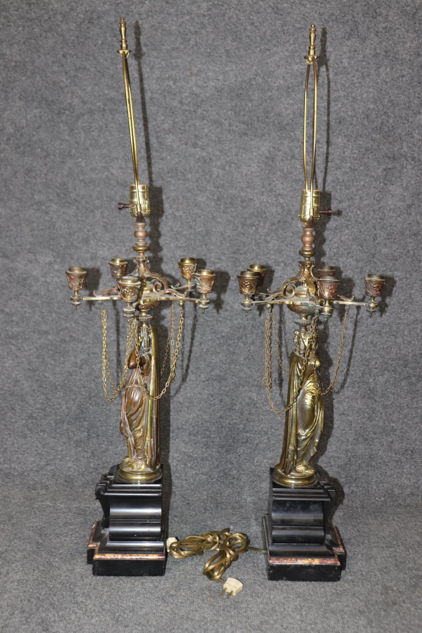 Pair of Superb Bronze and Marble Figural Maiden Form French Table Lamps