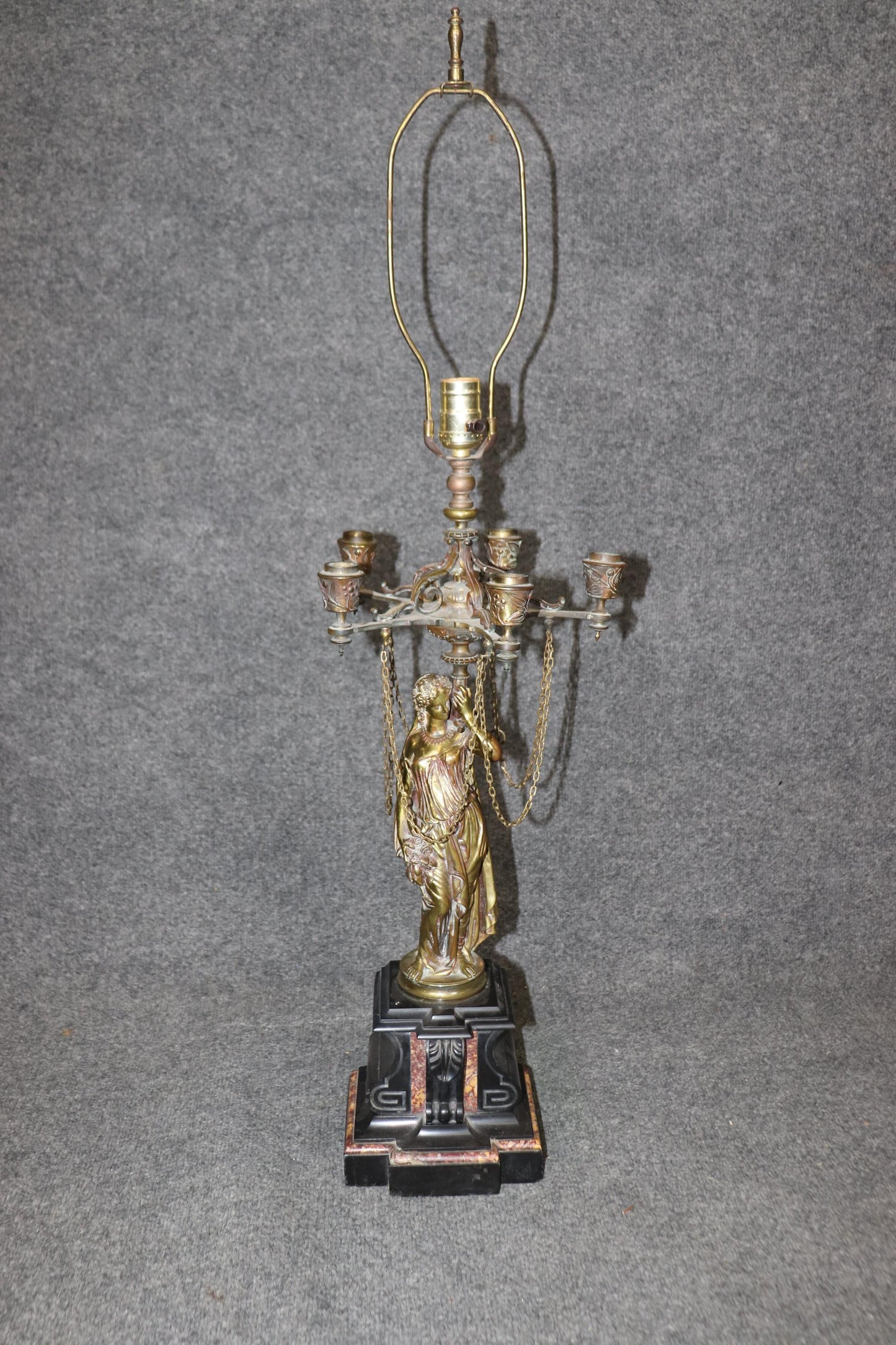 Pair of Superb Bronze and Marble Figural Maiden Form French Table Lamps