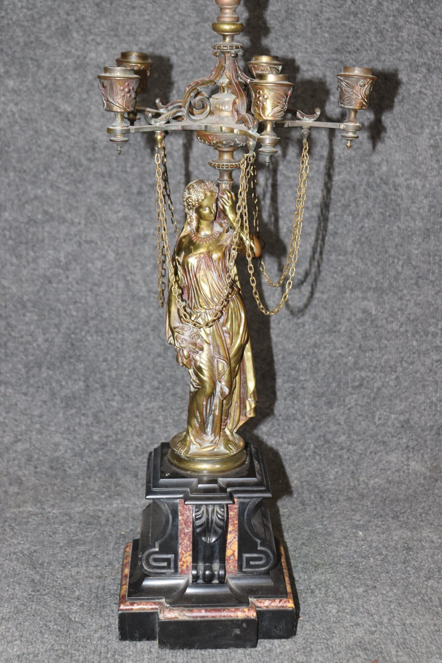 Pair of Superb Bronze and Marble Figural Maiden Form French Table Lamps