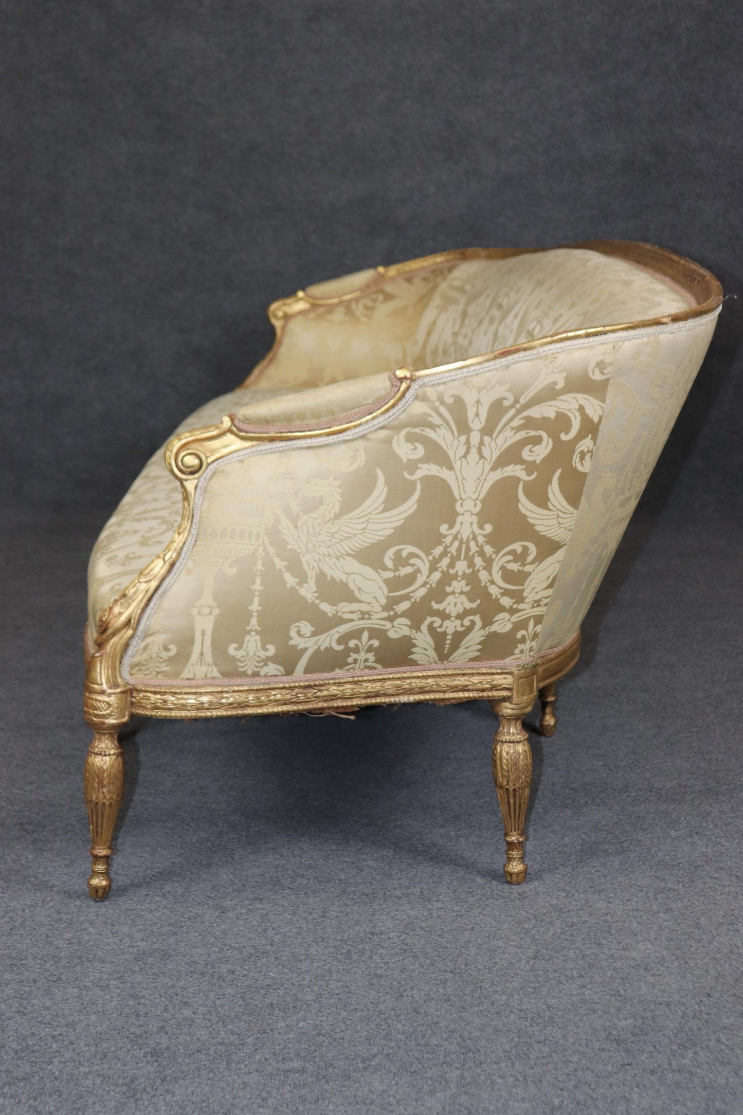 Monumental Gilded Meticulously Carved French Louis XVI Sofa Silk Upholstery