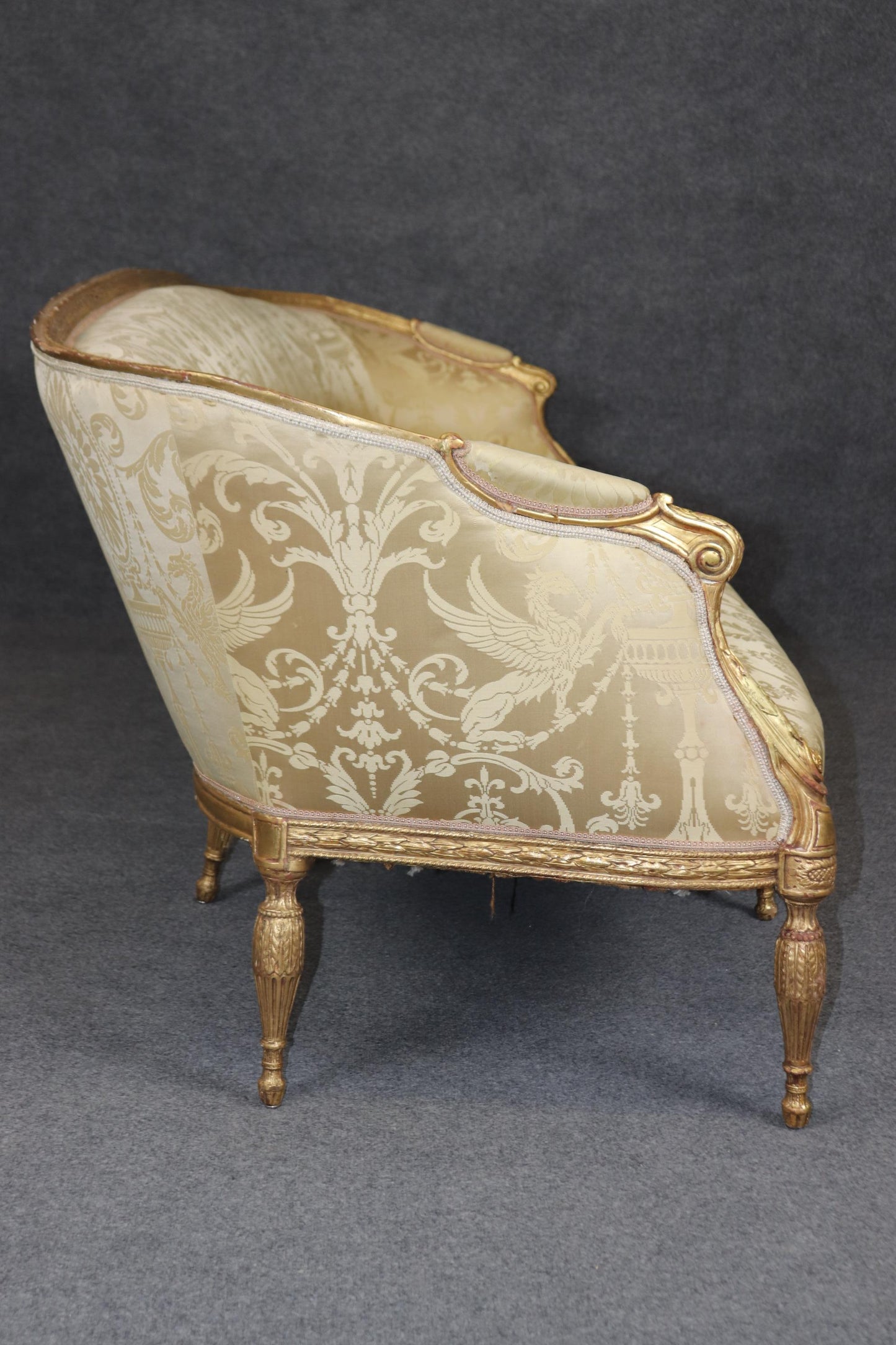 Monumental Gilded Meticulously Carved French Louis XVI Sofa Silk Upholstery