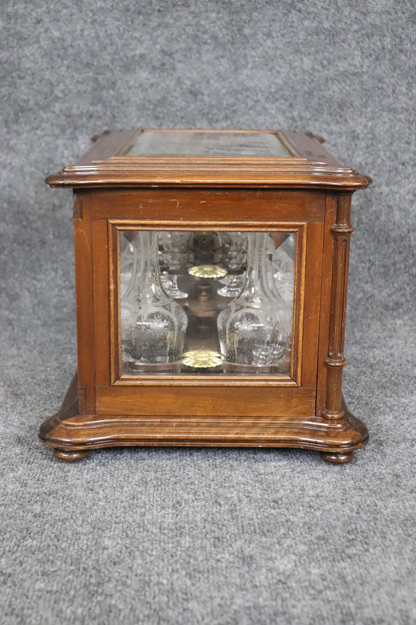 Rare Walnut Case French Etched Glass 18-piece decanter and Cordial Tantalus Set