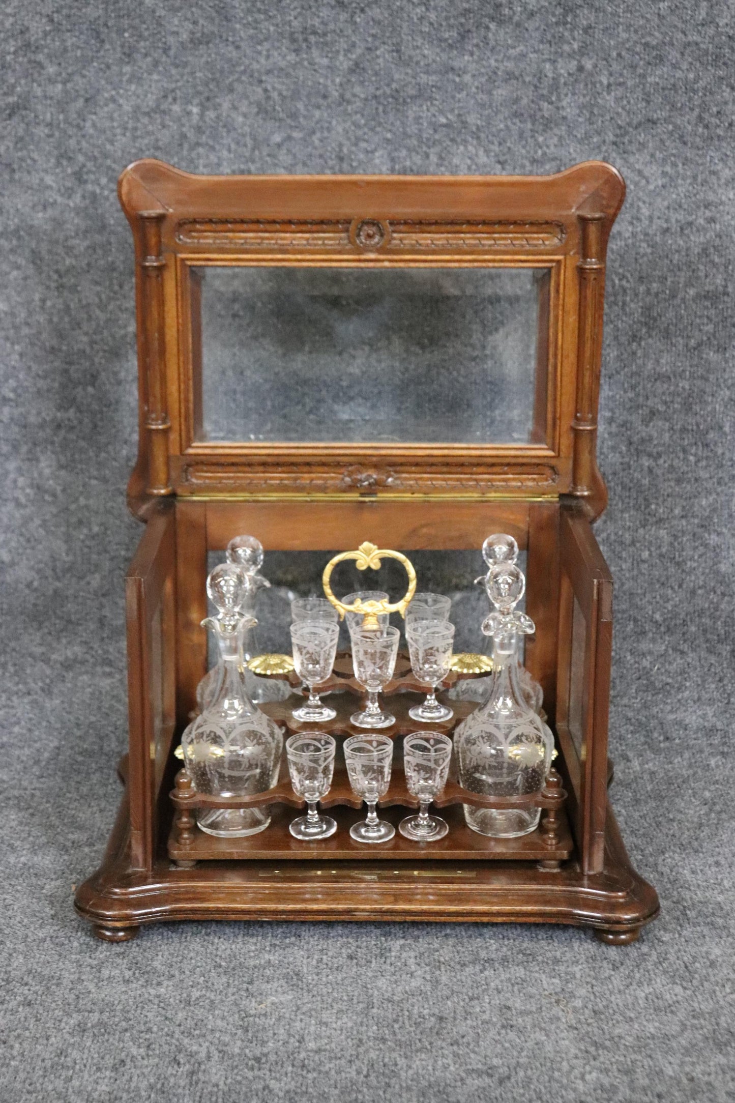 Rare Walnut Case French Etched Glass 18-piece decanter and Cordial Tantalus Set