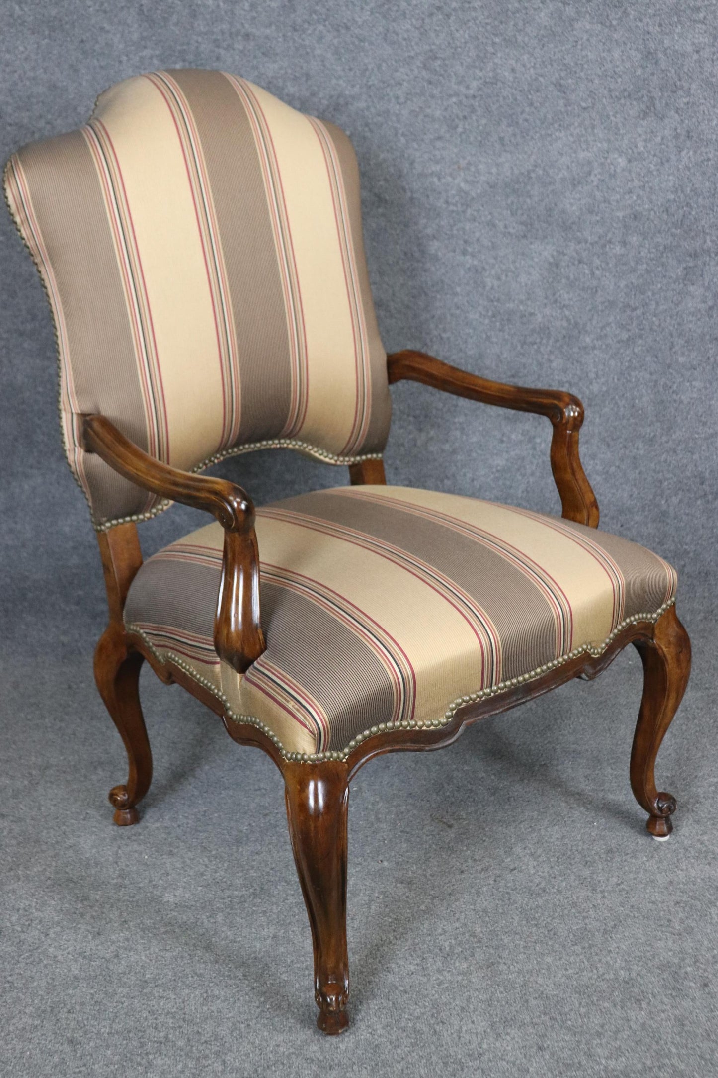 Pair of Gorgeous Century French Louis XV Walnut Armchairs Striped Upholstery