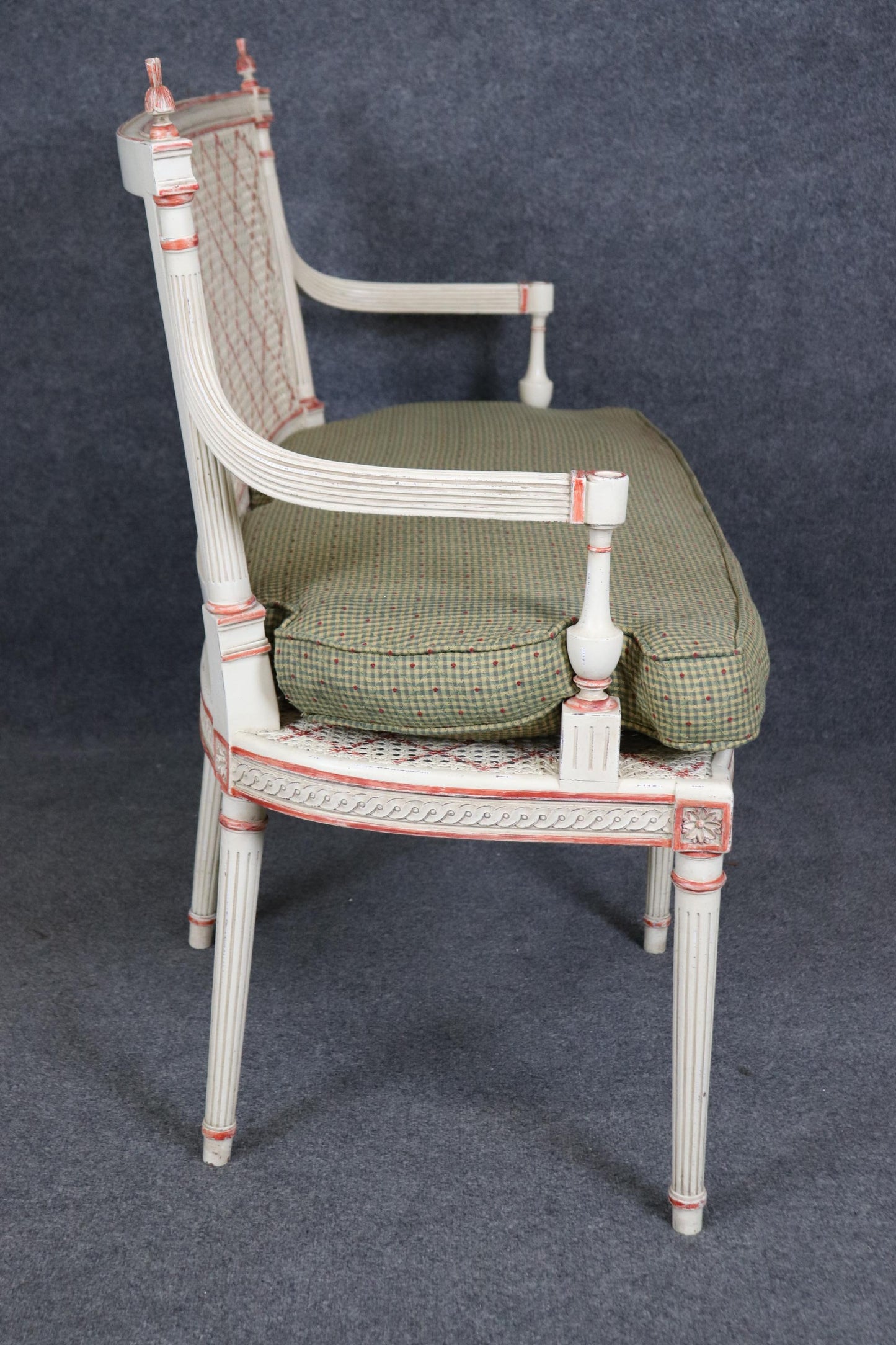 Gorgeous Creme Paint Decorated and Green Upholstered Cane Louis XVI Settee