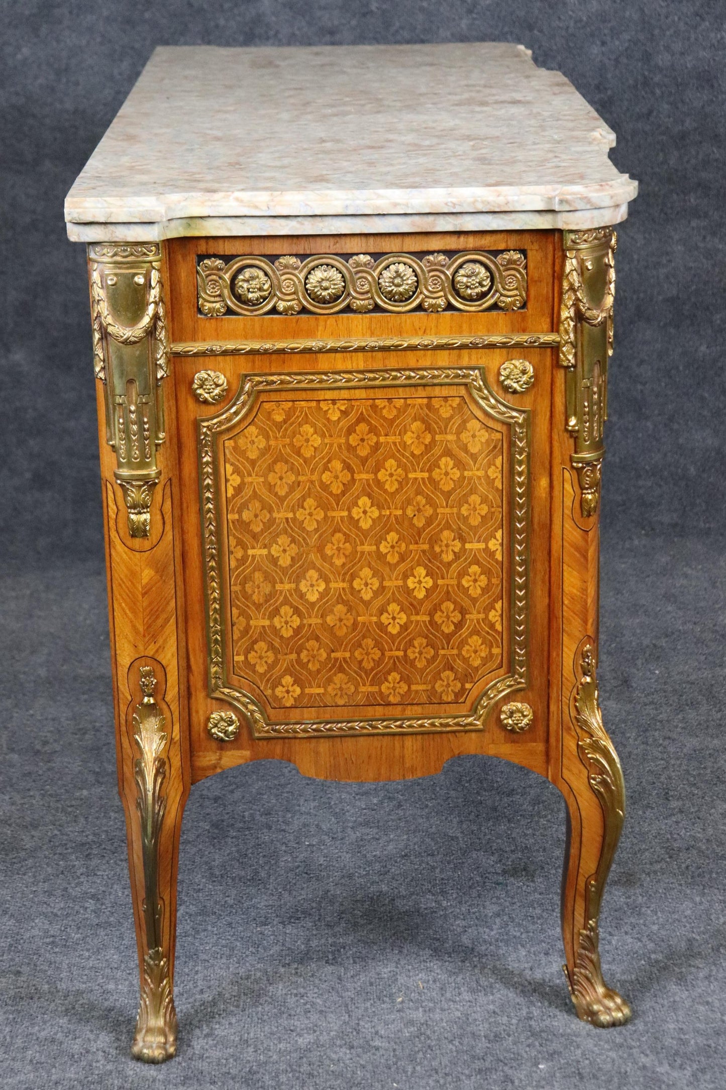 Fantastic Inlaid French Louis XV Double-Thick Marble Top Commode