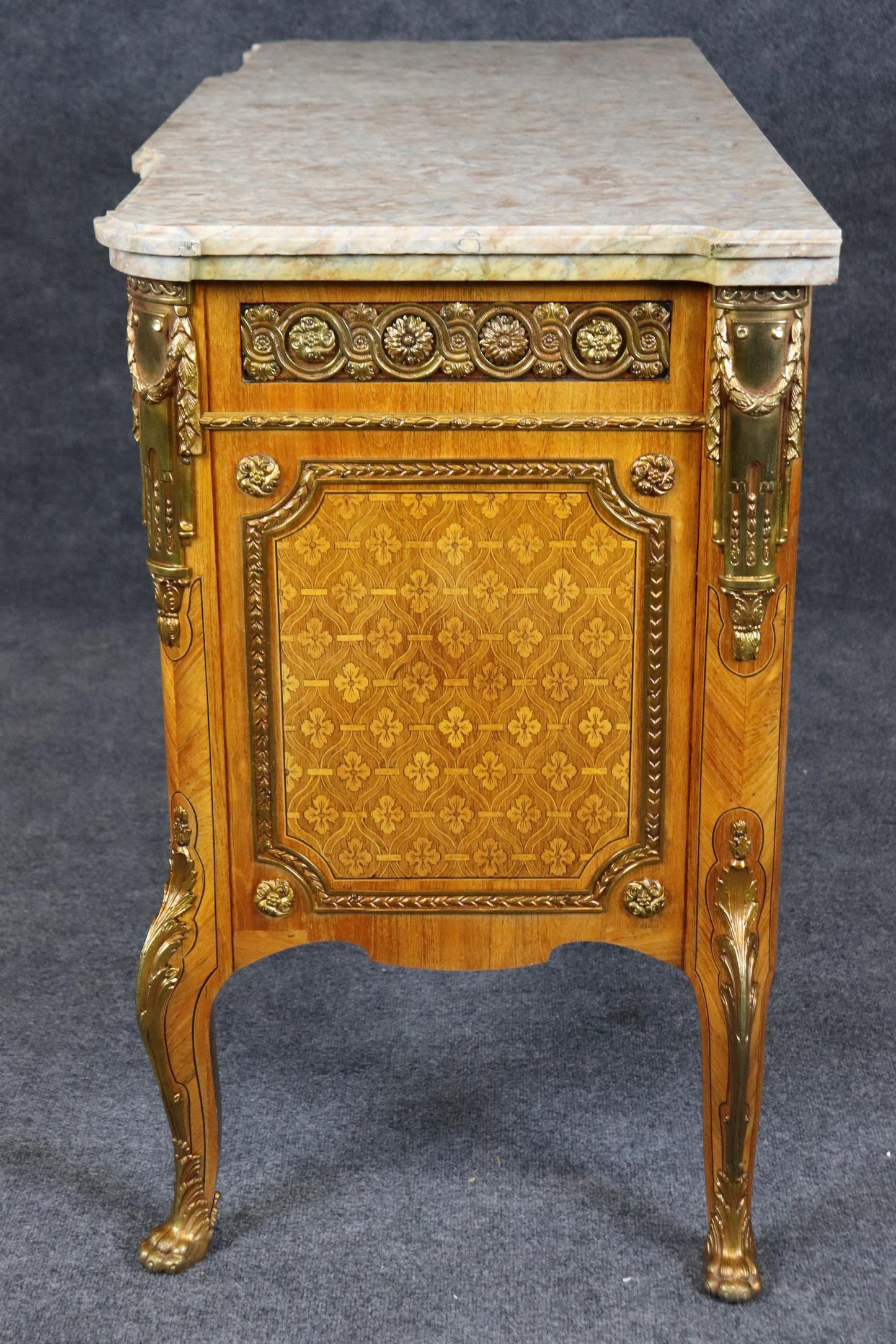 Fantastic Inlaid French Louis XV Double-Thick Marble Top Commode