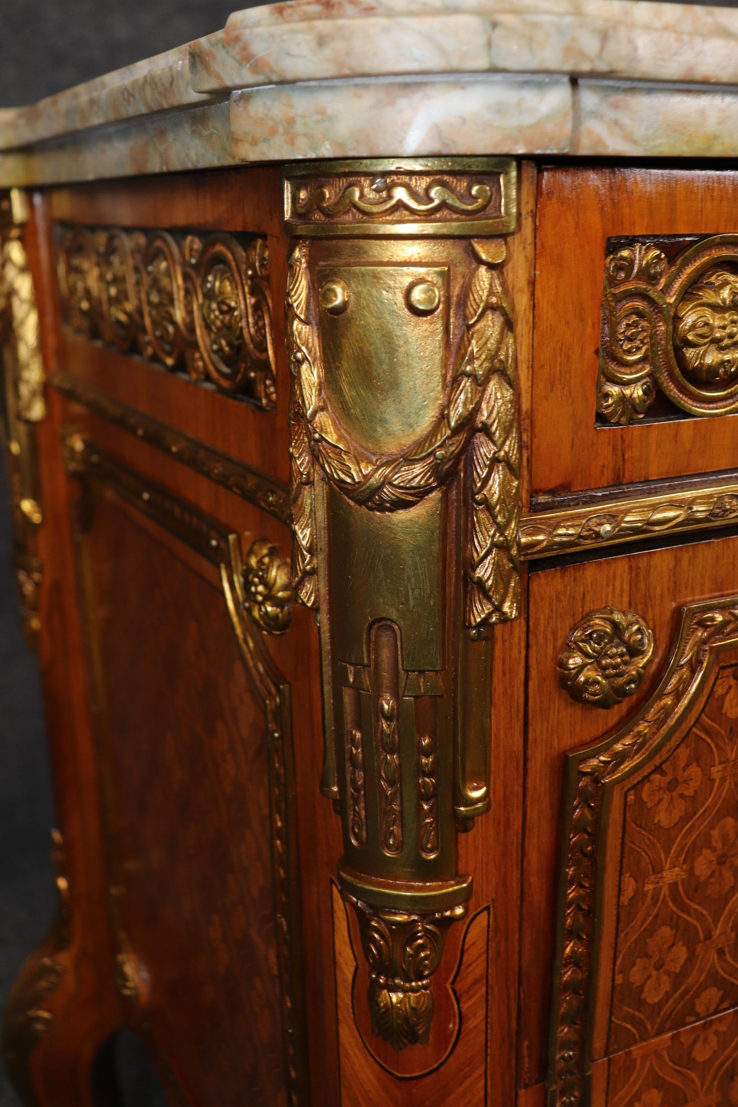 Fantastic Inlaid French Louis XV Double-Thick Marble Top Commode