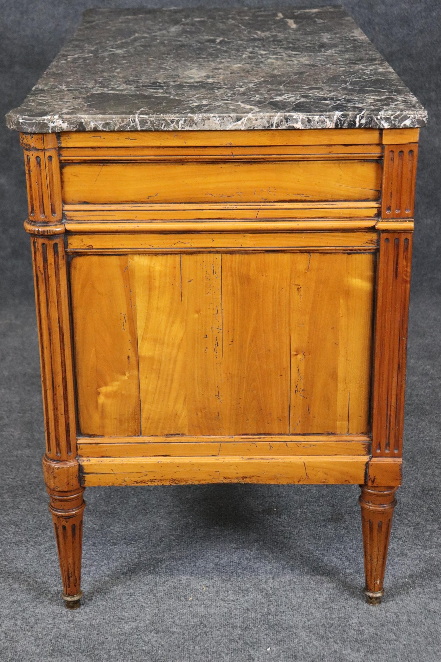 Signed Classic Louis XVI Distressed Walnut Marble Directoire Commode