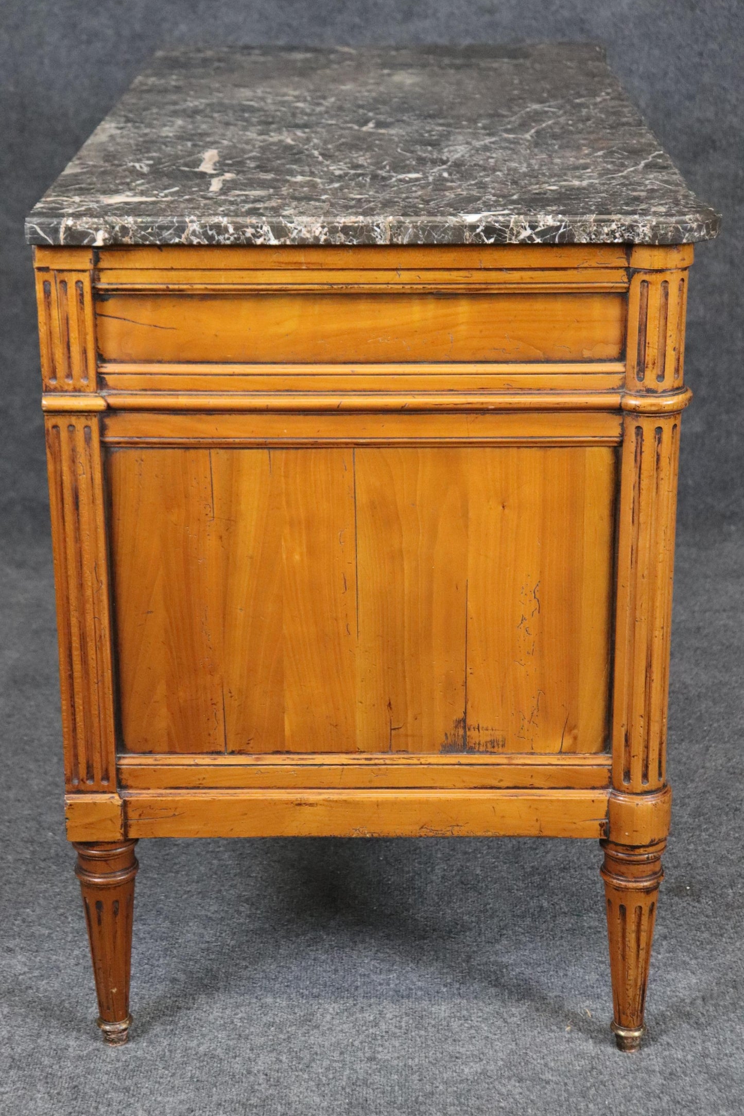 Signed Classic Louis XVI Distressed Walnut Marble Directoire Commode