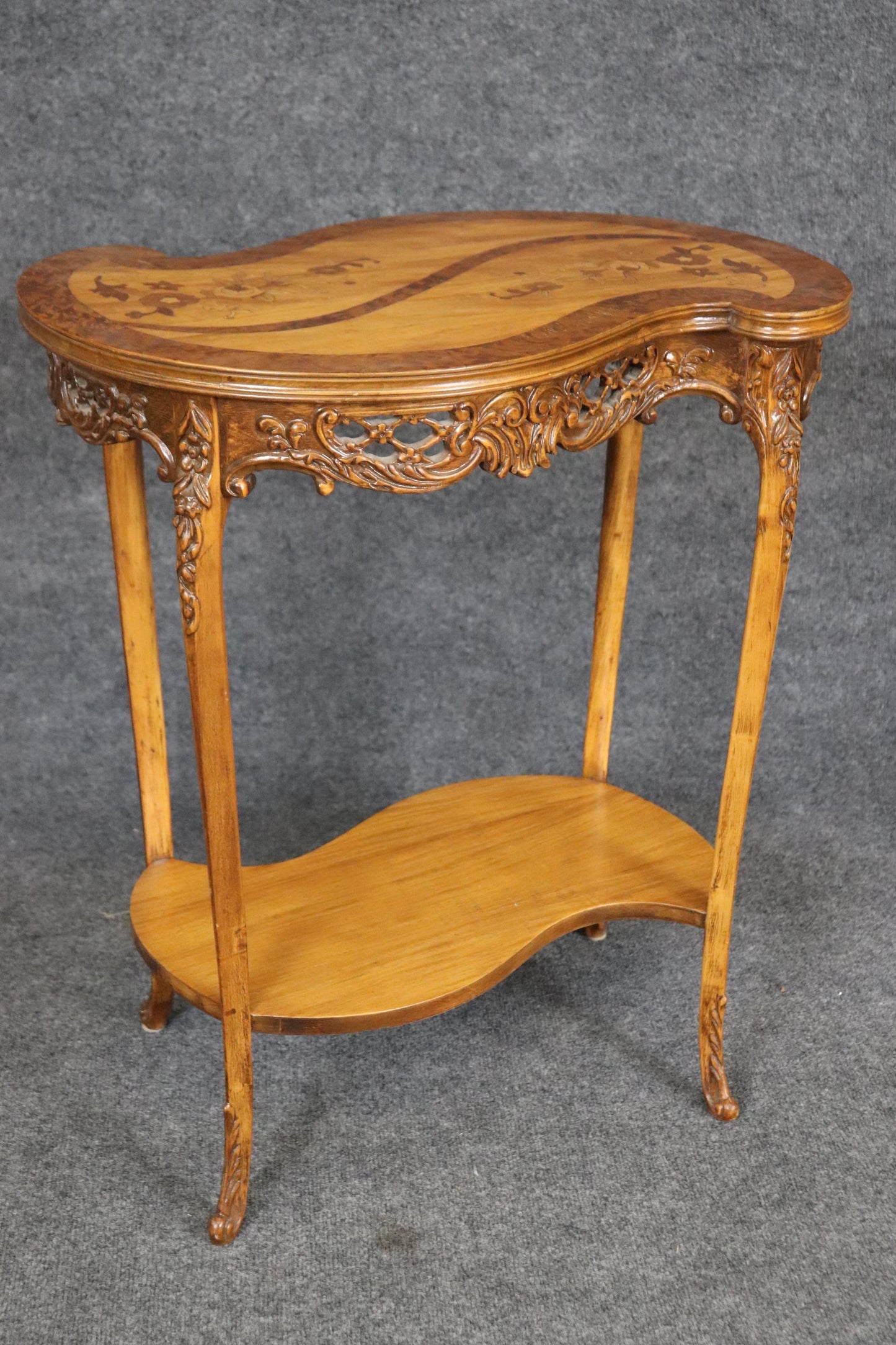 Fine Pair of French Walnut and Satinwood Carved Kidney Shapes End Tables