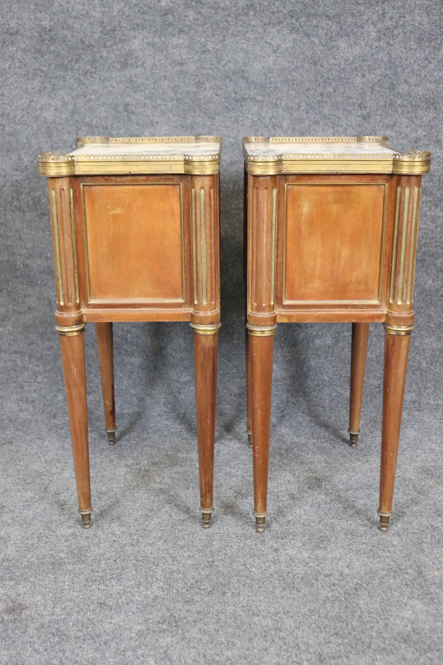 Pair of Brass Fluted Walnut Directoire French Nightstands End Tables Marble Tops