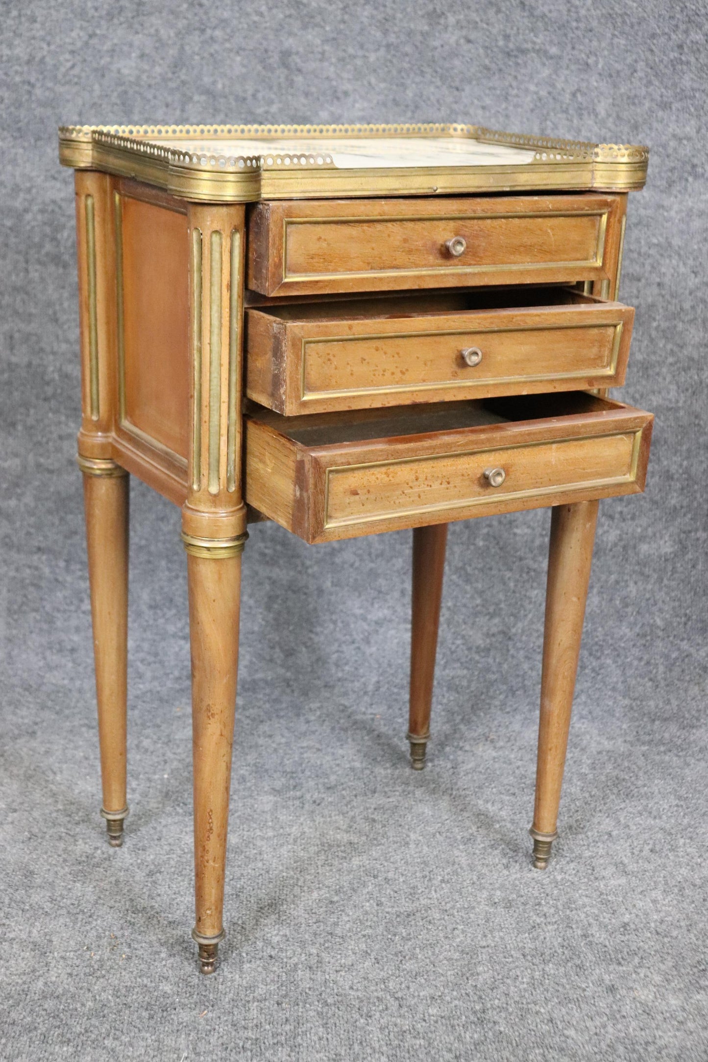 Pair of Brass Fluted Walnut Directoire French Nightstands End Tables Marble Tops