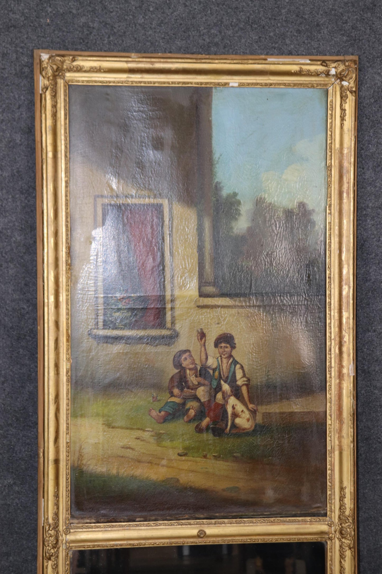 Fine Gilded Painted Trumeau Mirror with Two boys a Dog and their Sandwich