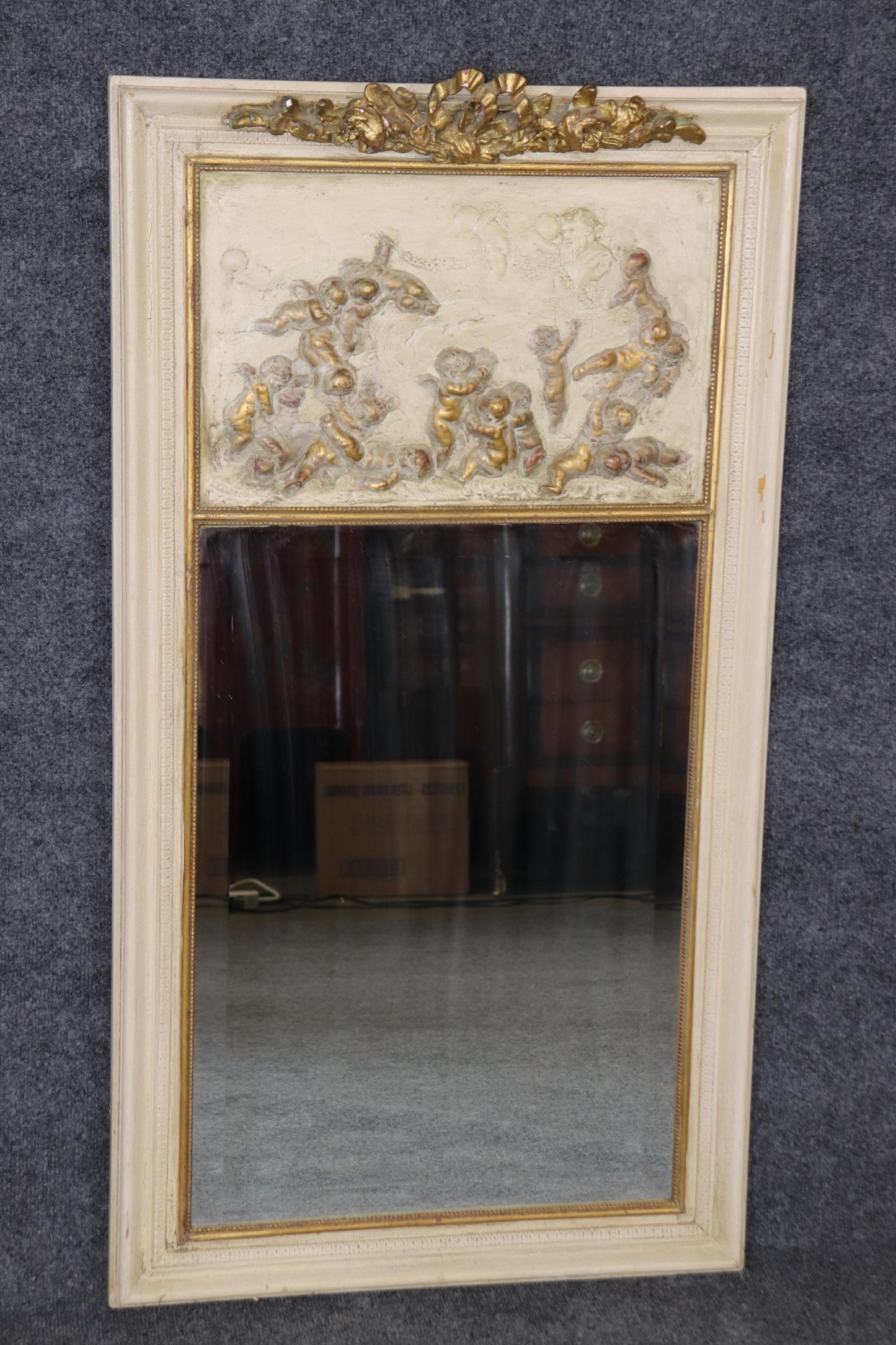 Rare Antique French White and Gold Gilded Carved Cherub Putti Mirror Circa 1900