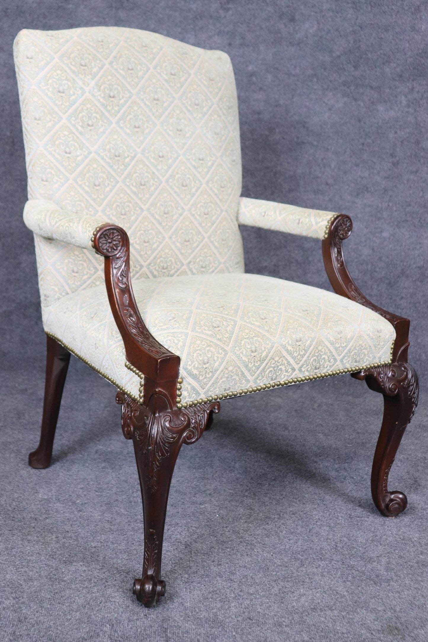 Rare Pair of Fine Carved English Mahogany Georgian Marlborough Armchairs