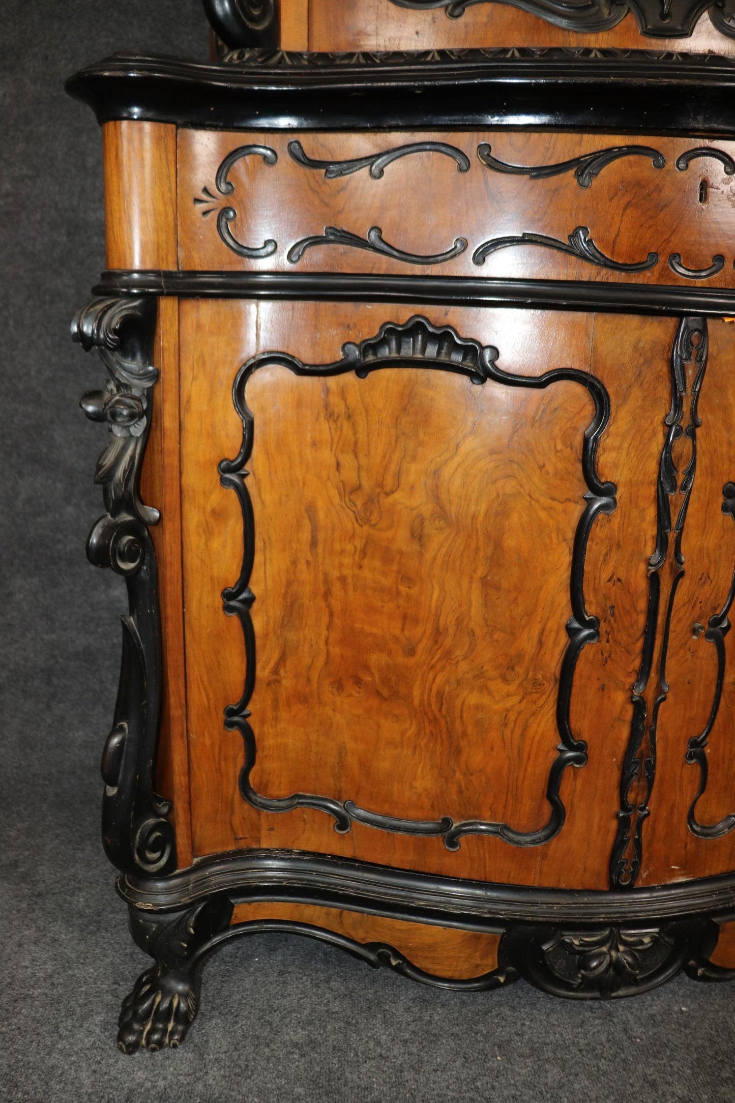 Continental European Ebonized Circassian Walnut Rococo Vitrine China Cabinet