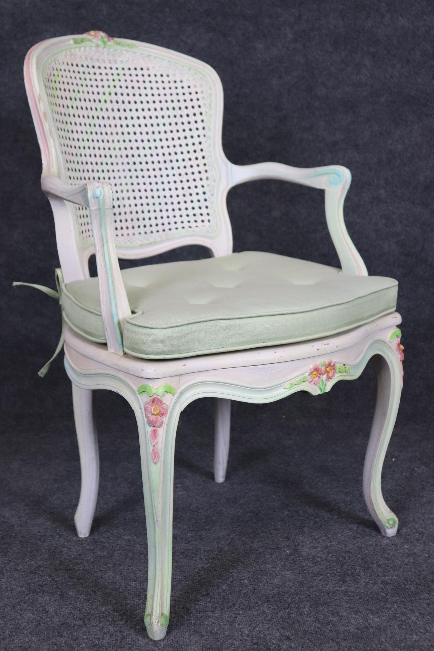 Set of Four Polychromed Cane Seat and Back French Louis XV Dining Salong Chairs