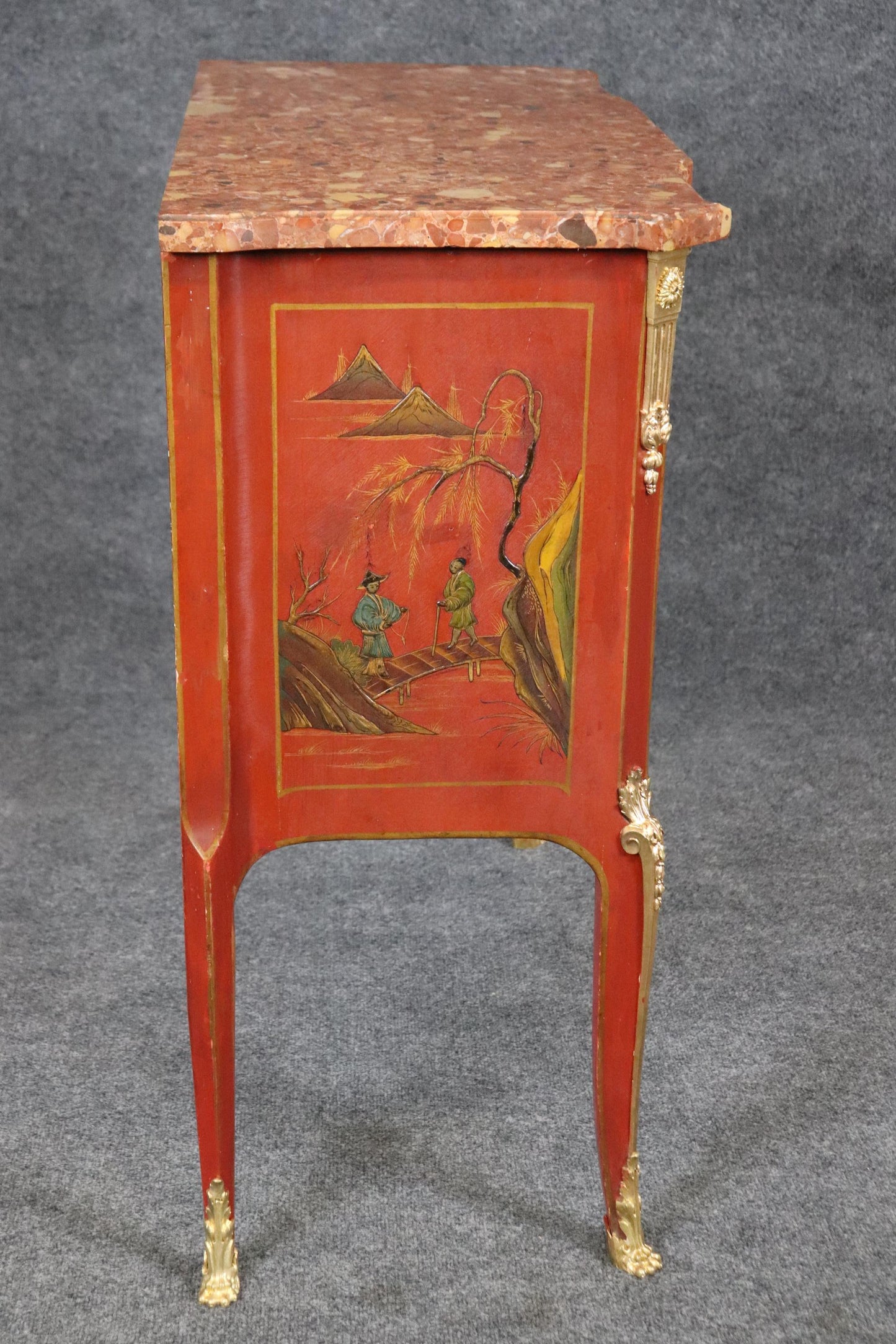 Louis XV Red Chinese Raised Gold Paint Decorated Kahn & Cie of France Commode