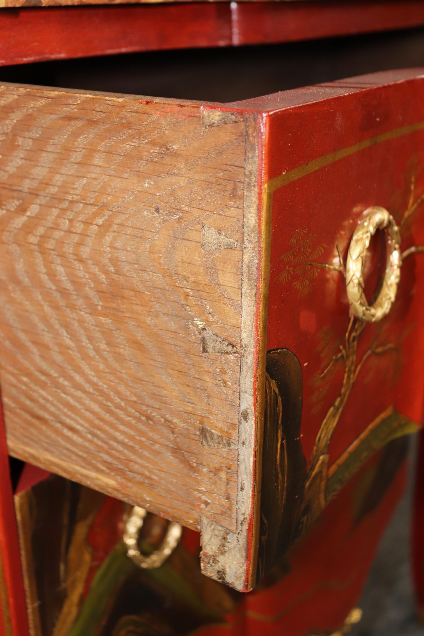 Louis XV Red Chinese Raised Gold Paint Decorated Kahn & Cie of France Commode