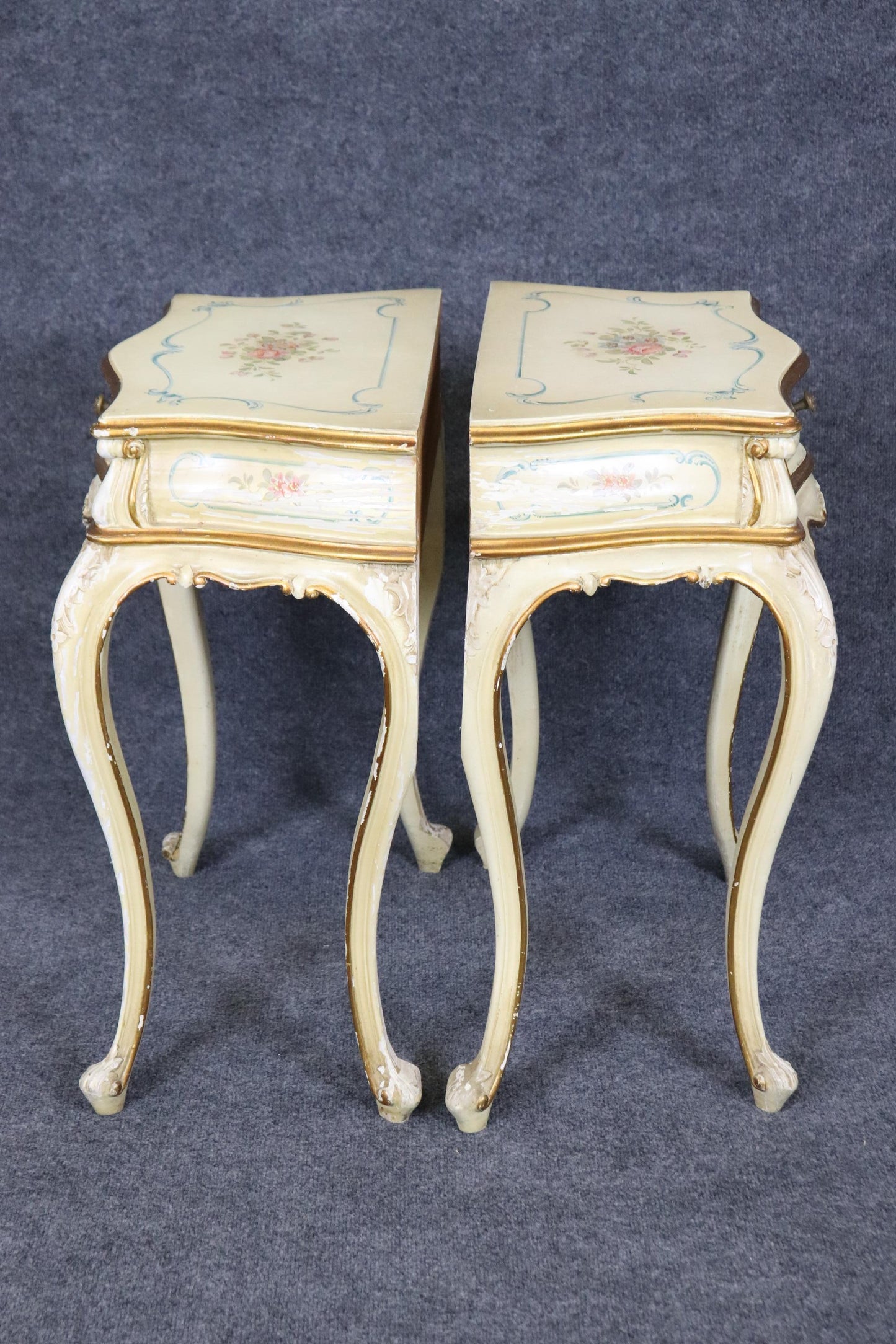 Rare Pair Distressed Paint Decorated Venetian Italian Nightstands Circa 1920s