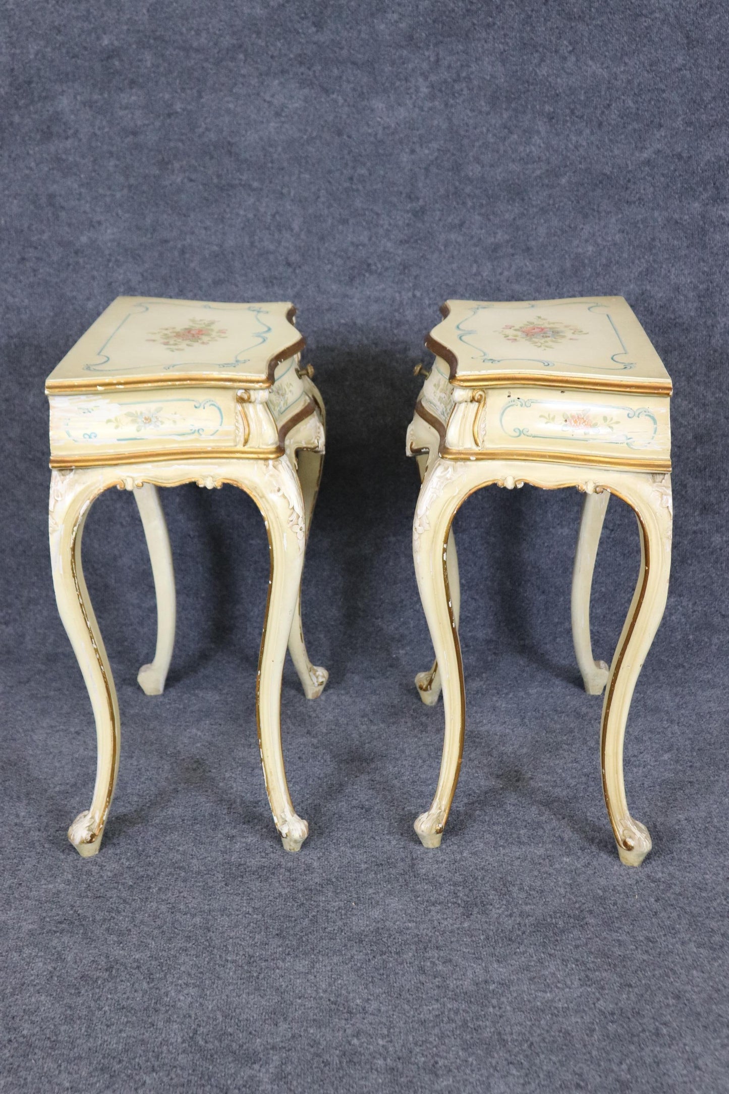 Rare Pair Distressed Paint Decorated Venetian Italian Nightstands Circa 1920s