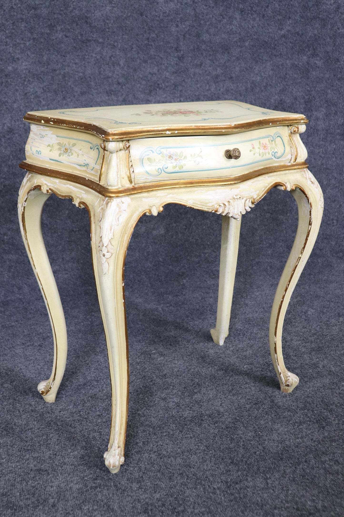 Rare Pair Distressed Paint Decorated Venetian Italian Nightstands Circa 1920s