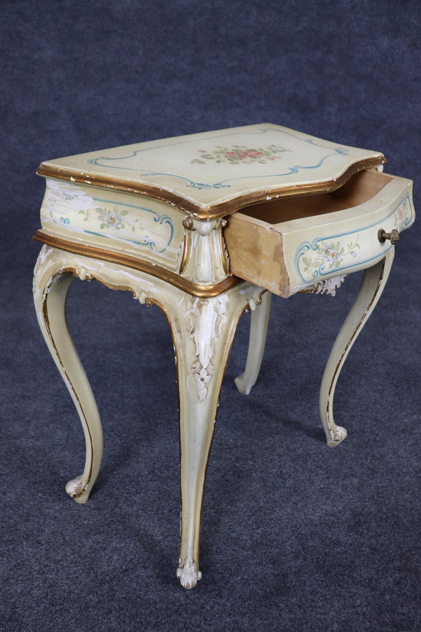 Rare Pair Distressed Paint Decorated Venetian Italian Nightstands Circa 1920s