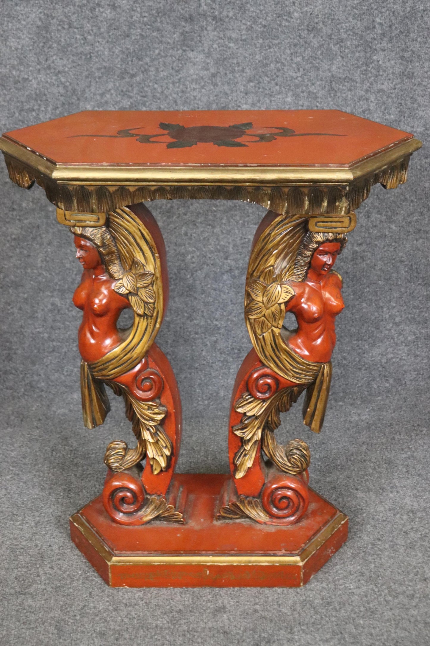 Pair of Red and Gold Gilt Figural Nude Maiden Italian End Tables Circa 1940