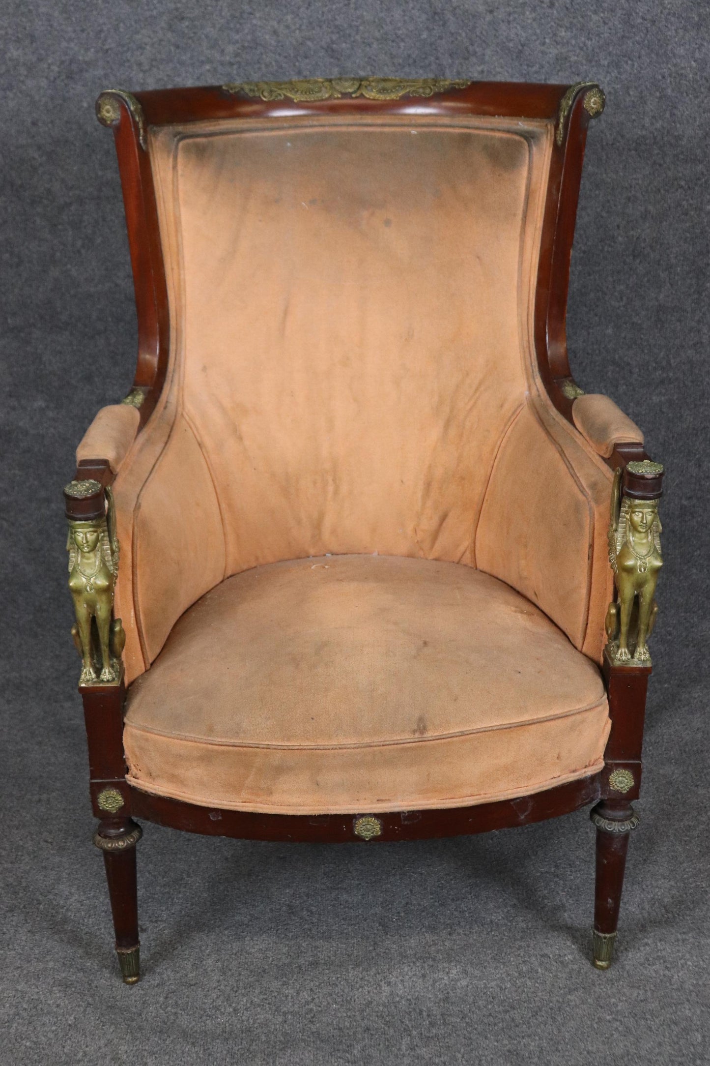 French Empire Egyptian Revival Solid Mahogany Bergere Chair with Bronze Sphinxs