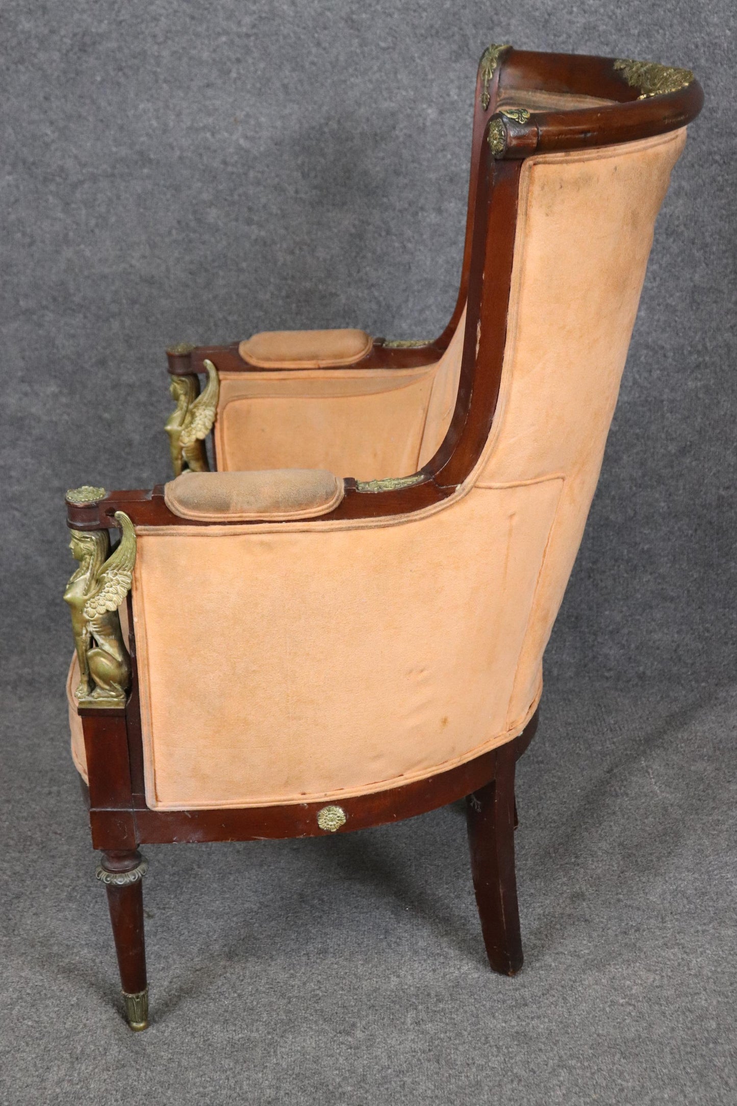 French Empire Egyptian Revival Solid Mahogany Bergere Chair with Bronze Sphinxs