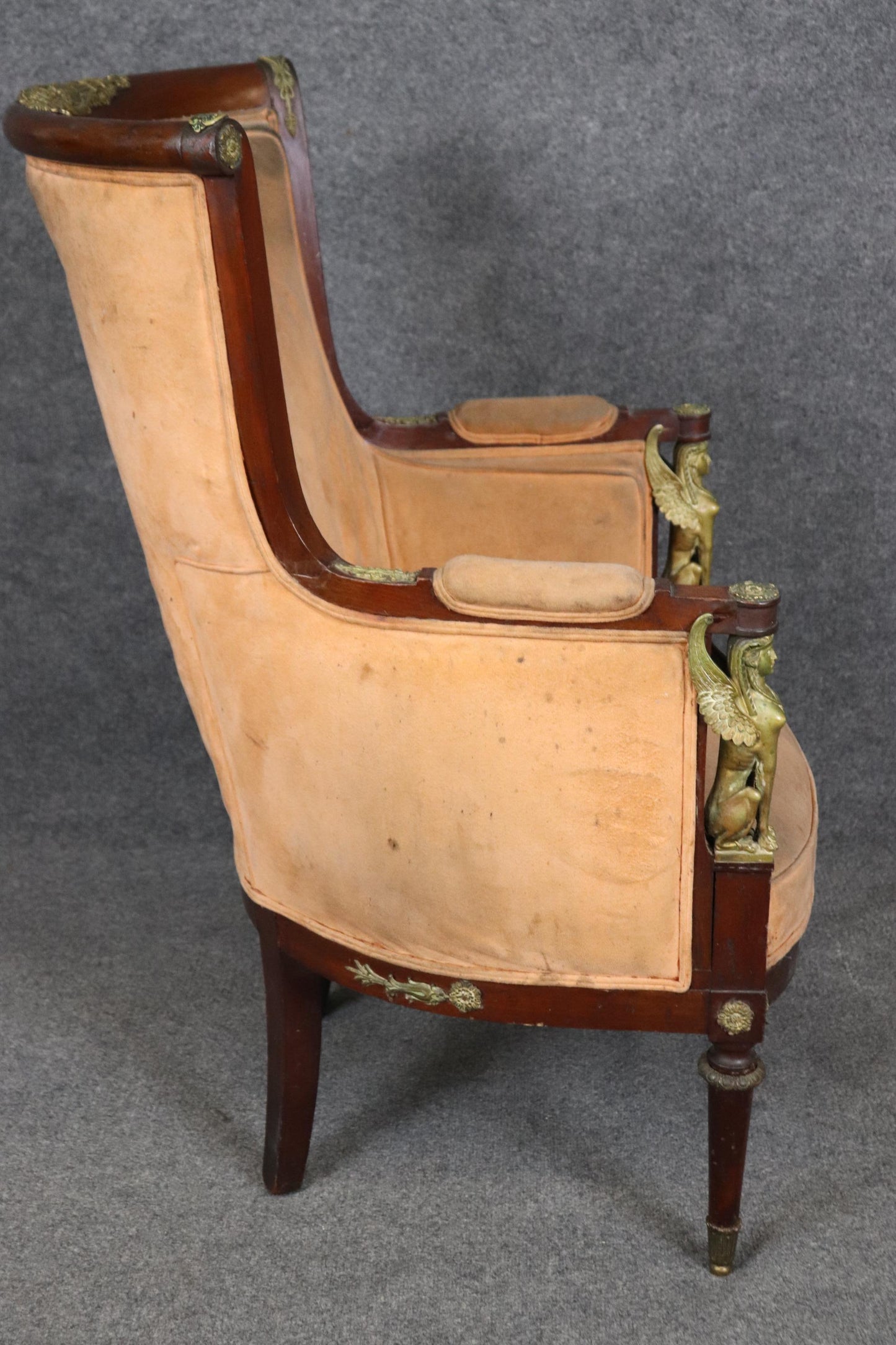 French Empire Egyptian Revival Solid Mahogany Bergere Chair with Bronze Sphinxs