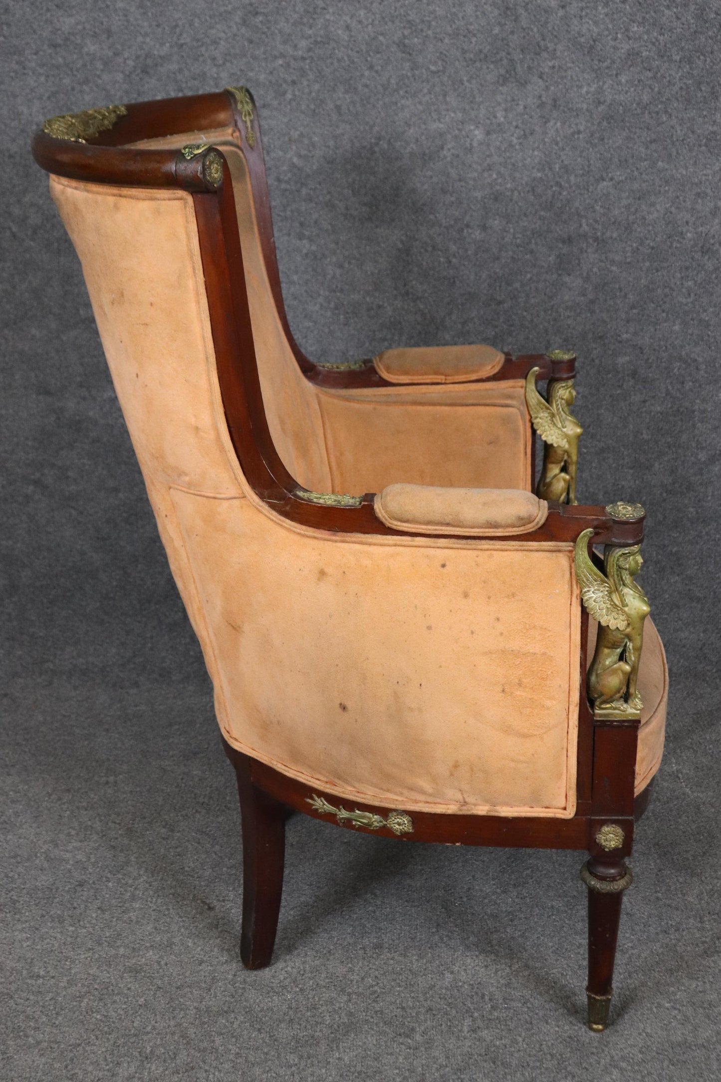 French Empire Egyptian Revival Solid Mahogany Bergere Chair with Bronze Sphinxs