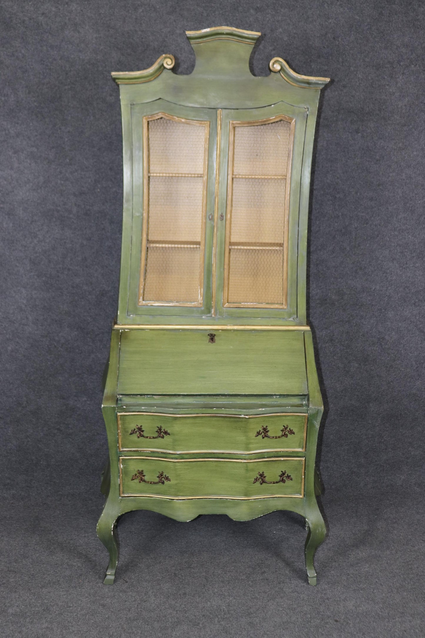 Rare Bright Green Italian Venetian Painted Rococo Secretary Desk Circa 1940