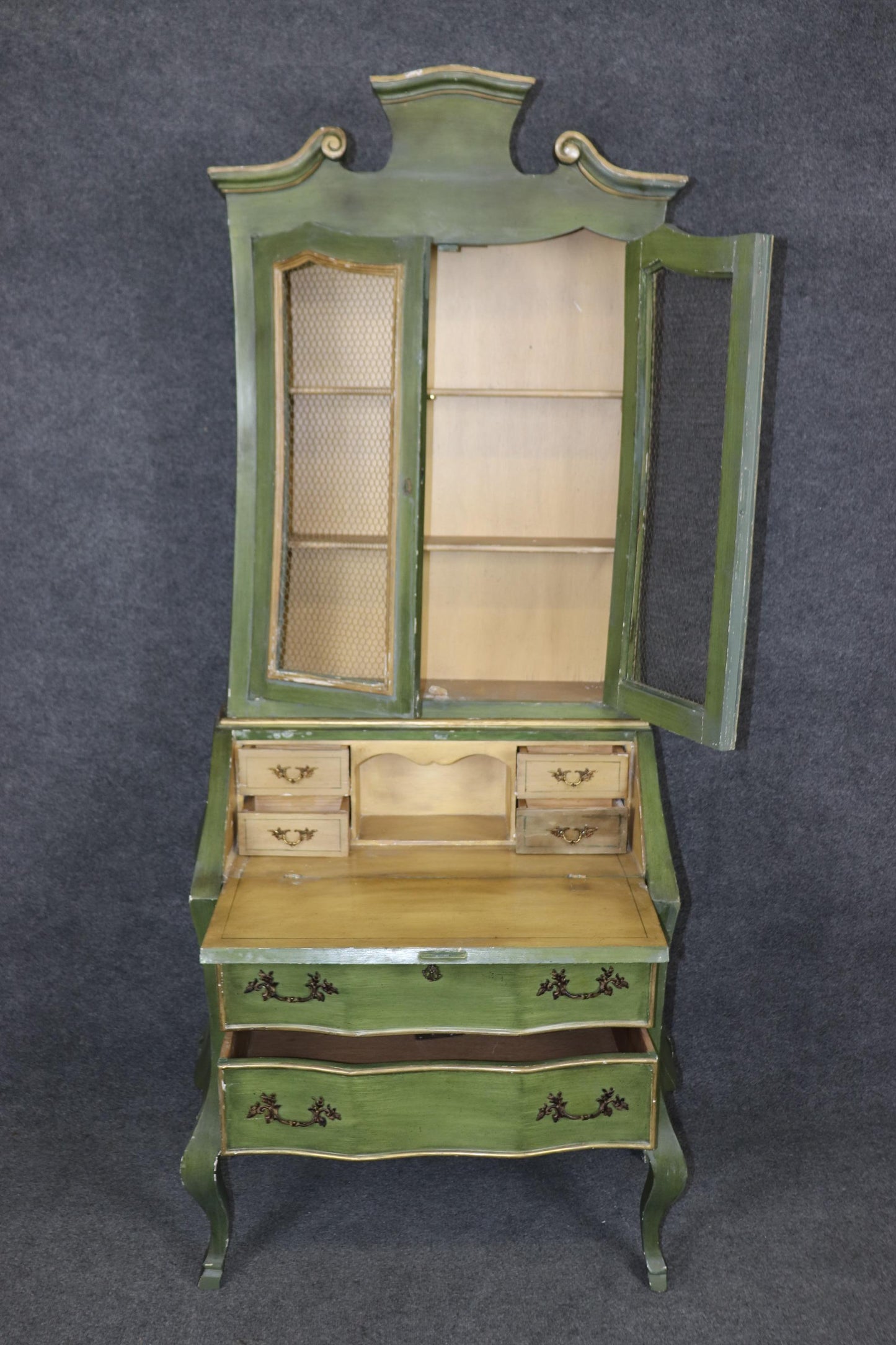 Rare Bright Green Italian Venetian Painted Rococo Secretary Desk Circa 1940