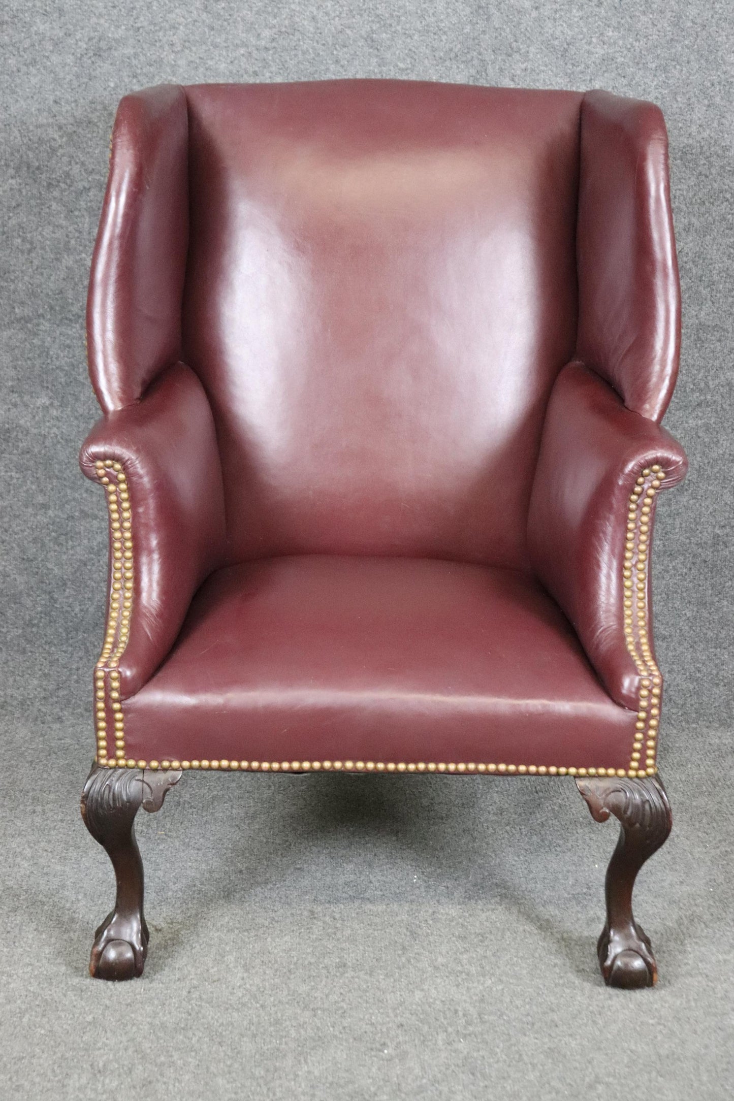 Fine Quality Burgundy Leather nail Head Trim Chippendale Mahogany Wingchair