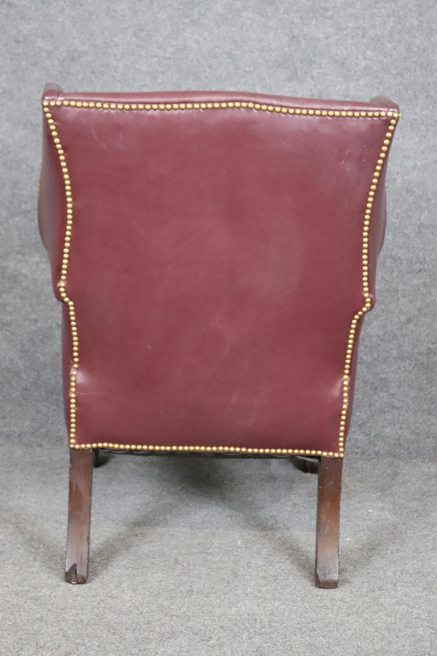 Fine Quality Burgundy Leather nail Head Trim Chippendale Mahogany Wingchair