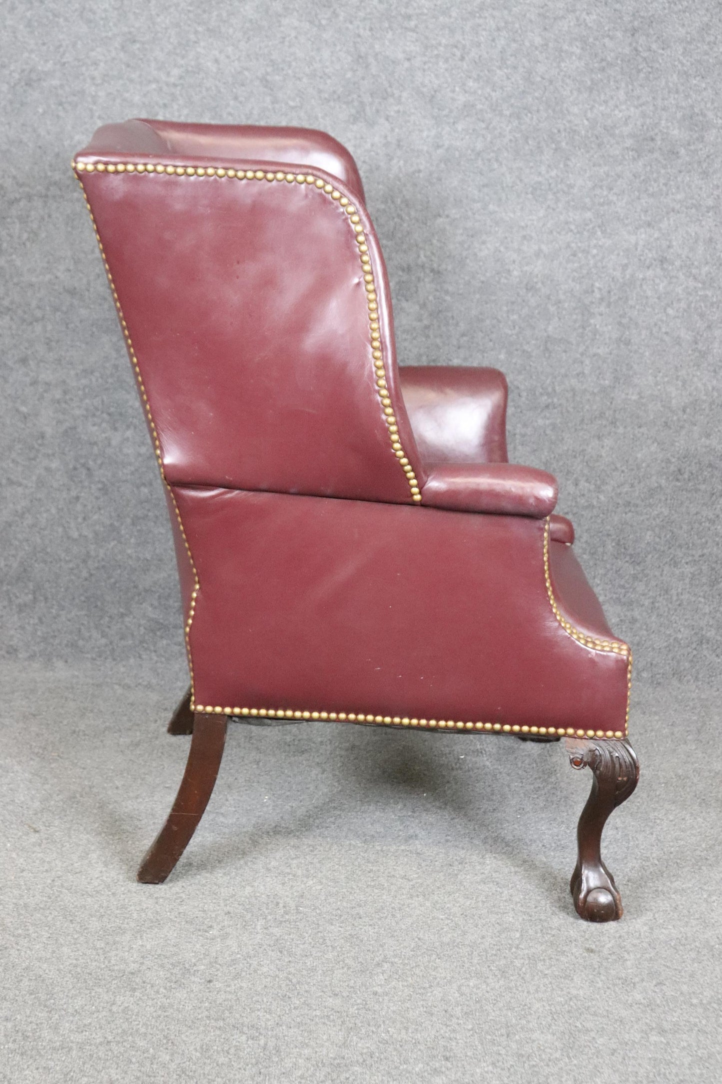 Fine Quality Burgundy Leather nail Head Trim Chippendale Mahogany Wingchair