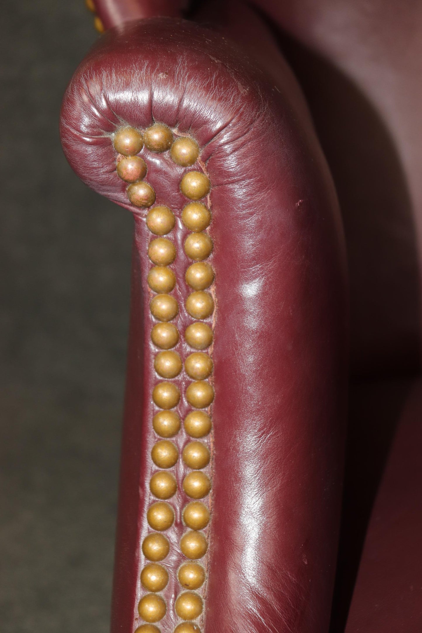 Fine Quality Burgundy Leather nail Head Trim Chippendale Mahogany Wingchair