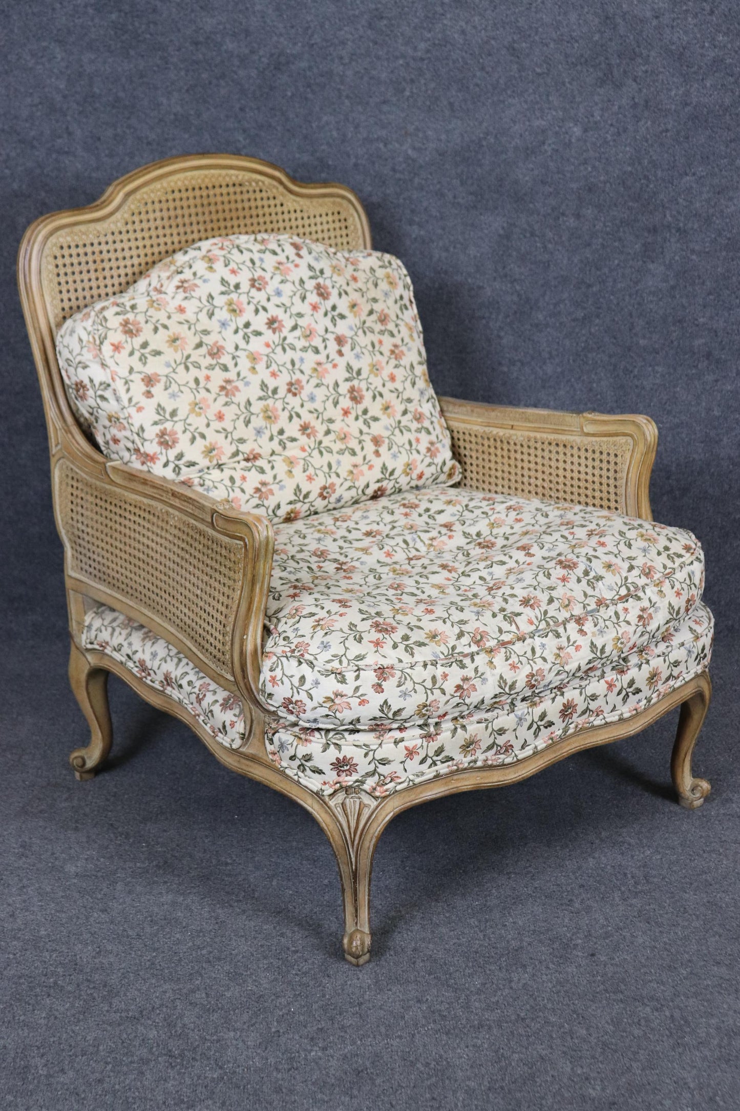 Rare Pair of French Fully Caned Upholstered Bergere Chairs Louis XV